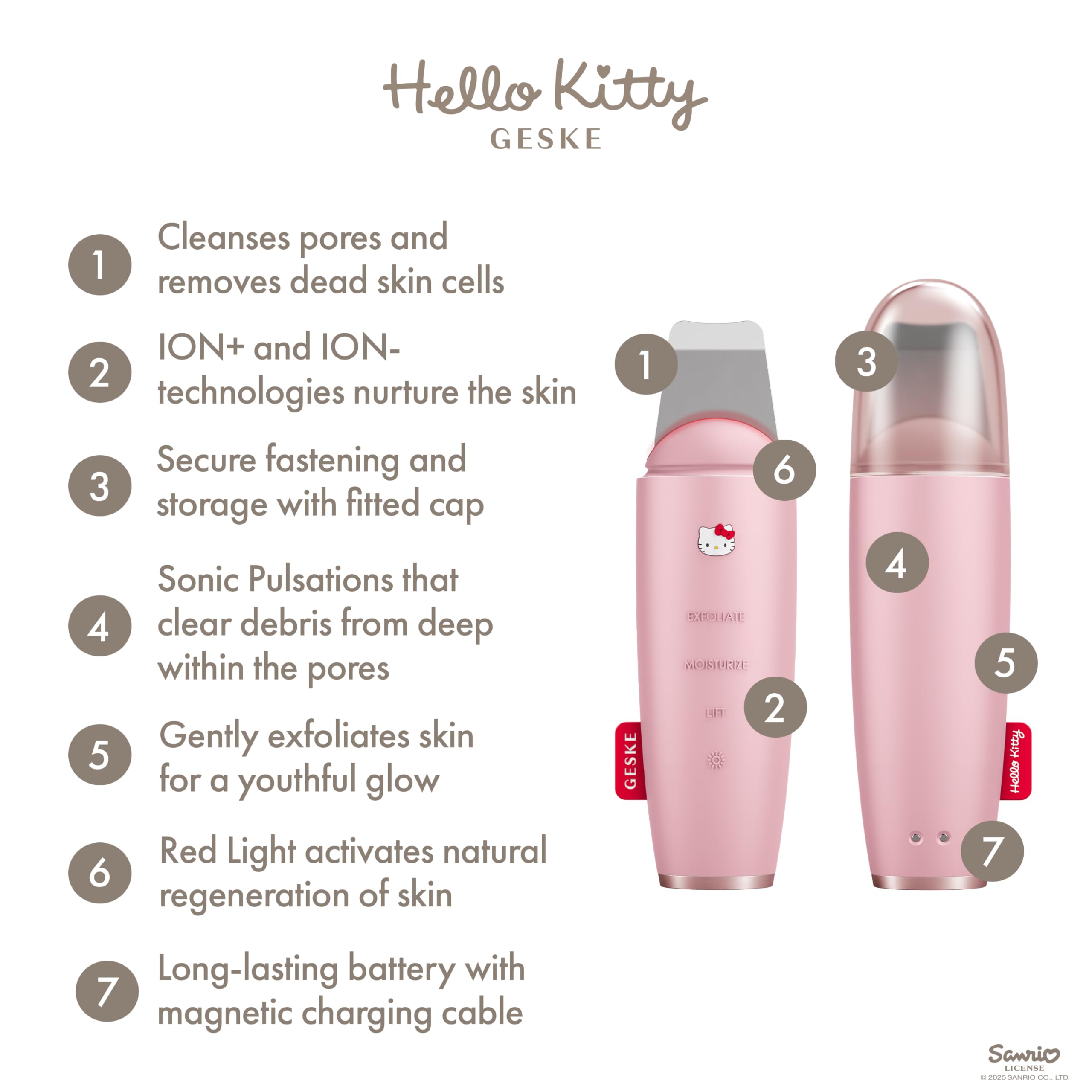 GESKE x Hello Kitty | Dispositivo a microcorrente per l'esfoliazione e la rimozione dei punti neri SmartAppGuided™ | 9 in 1 | Cura della pelle e pulizia del viso | Anti-età | Lifting facciale