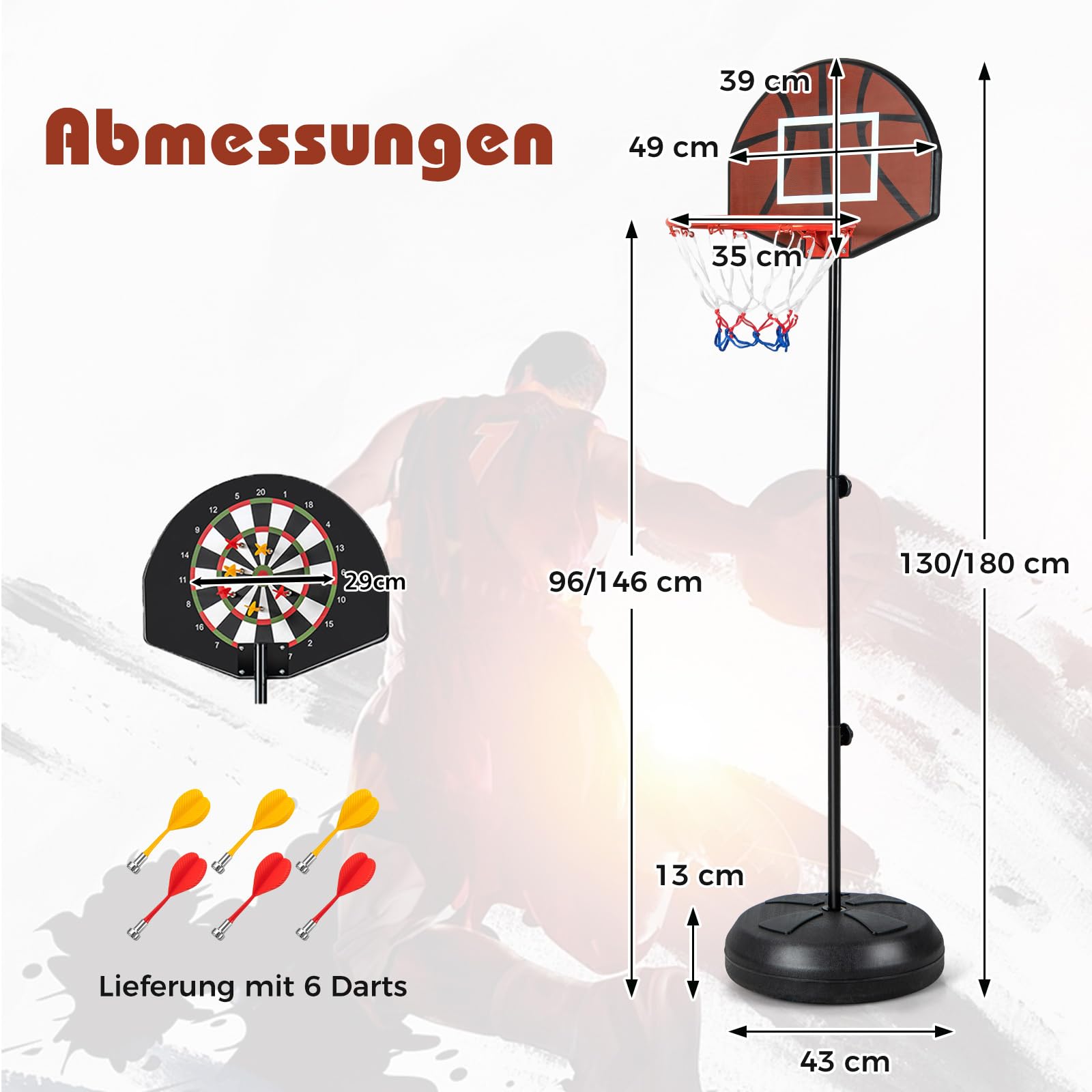 COSTWAY Basketbalkorf voor kinderen met dartbord, 2-in-1 basketbalstandaard met dubbelzijdig achterbord en 6 darts, 96-146 cm in hoogte verstelbaar, basketbalkorf met standaard, voor kinderen vanaf 8