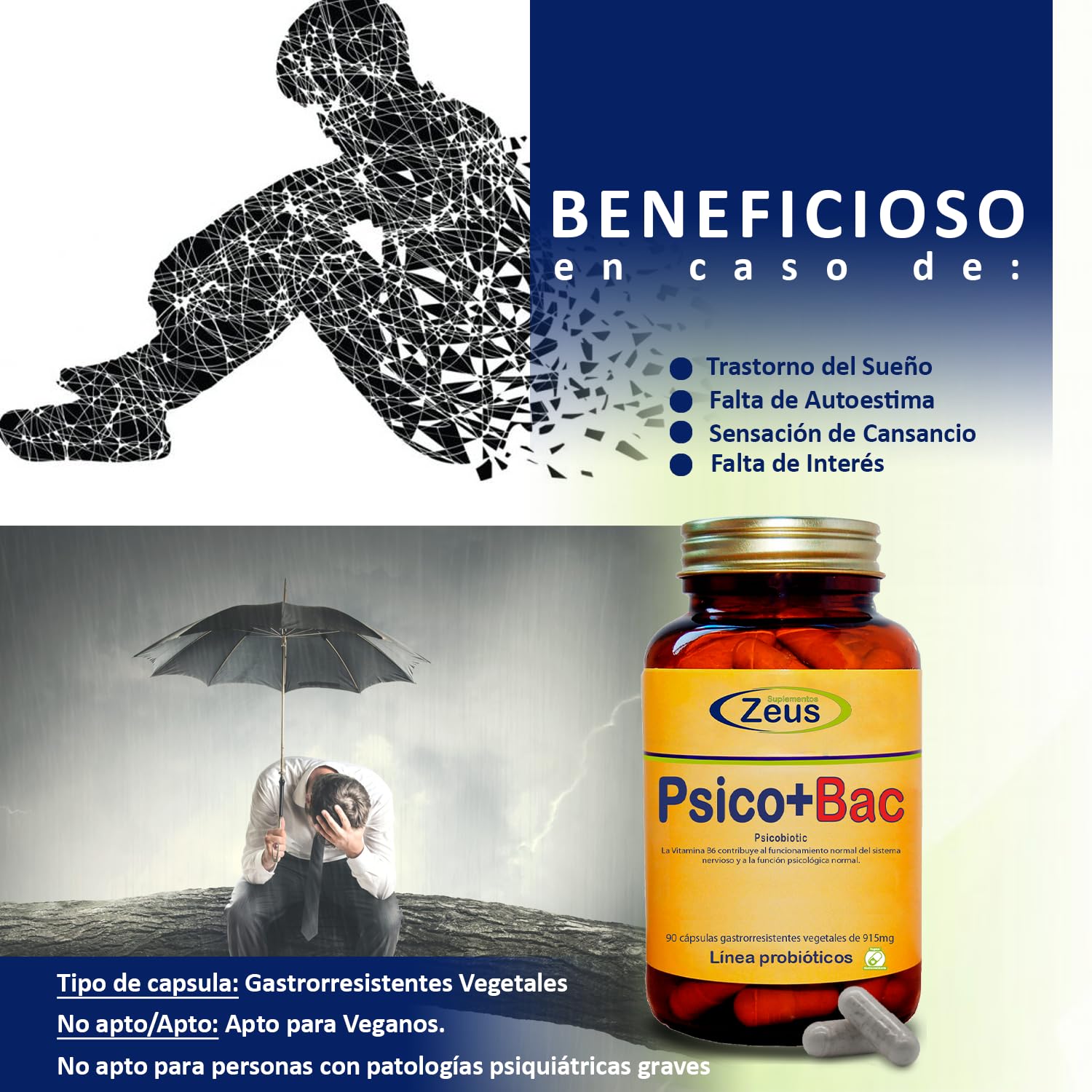 PSICO+BAC |omplemento Alimenticio a base de Plantas, Melena de León, Aminoácidos, Probióticos y Melatonina | 100% Vegano |90 CápS Veg