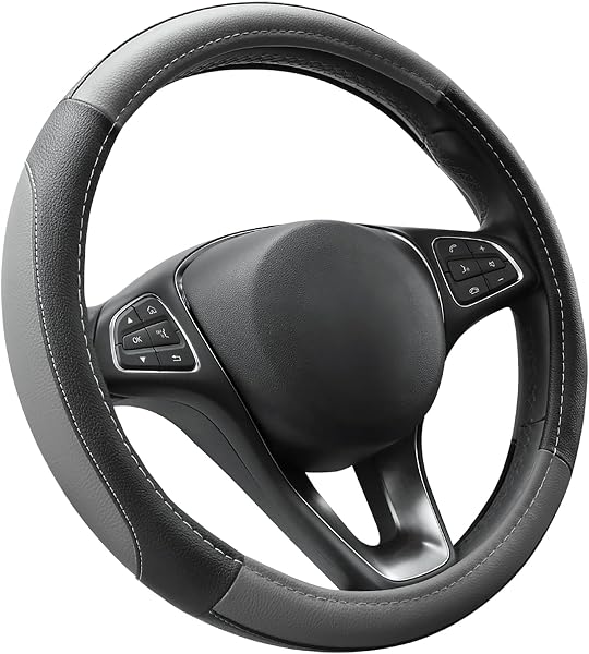 COFIT Microfiber Leather Steering Wheel Cover, Anti-slip Universal Protective Wrap, Car SUV Truck Interior Decor Accessories, Size M 37-38cm Grey and Black - 1