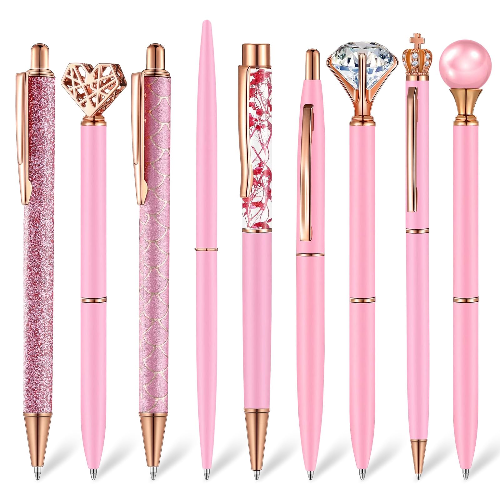 Leseogye 9 Pcs Pink Pens Black Ink, Elegant Sparkly Pens, Women’s Signature Pens for Office, Study & Daily Writing
