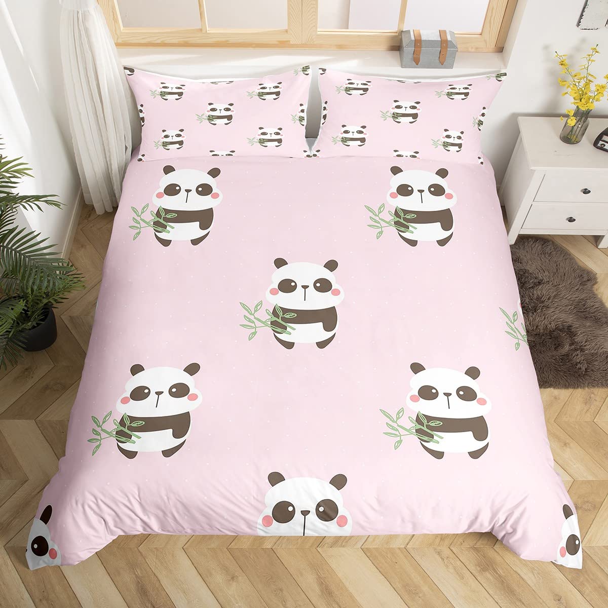 Housse de couette en bambou doux Motif panda Vert Parure lit enfant