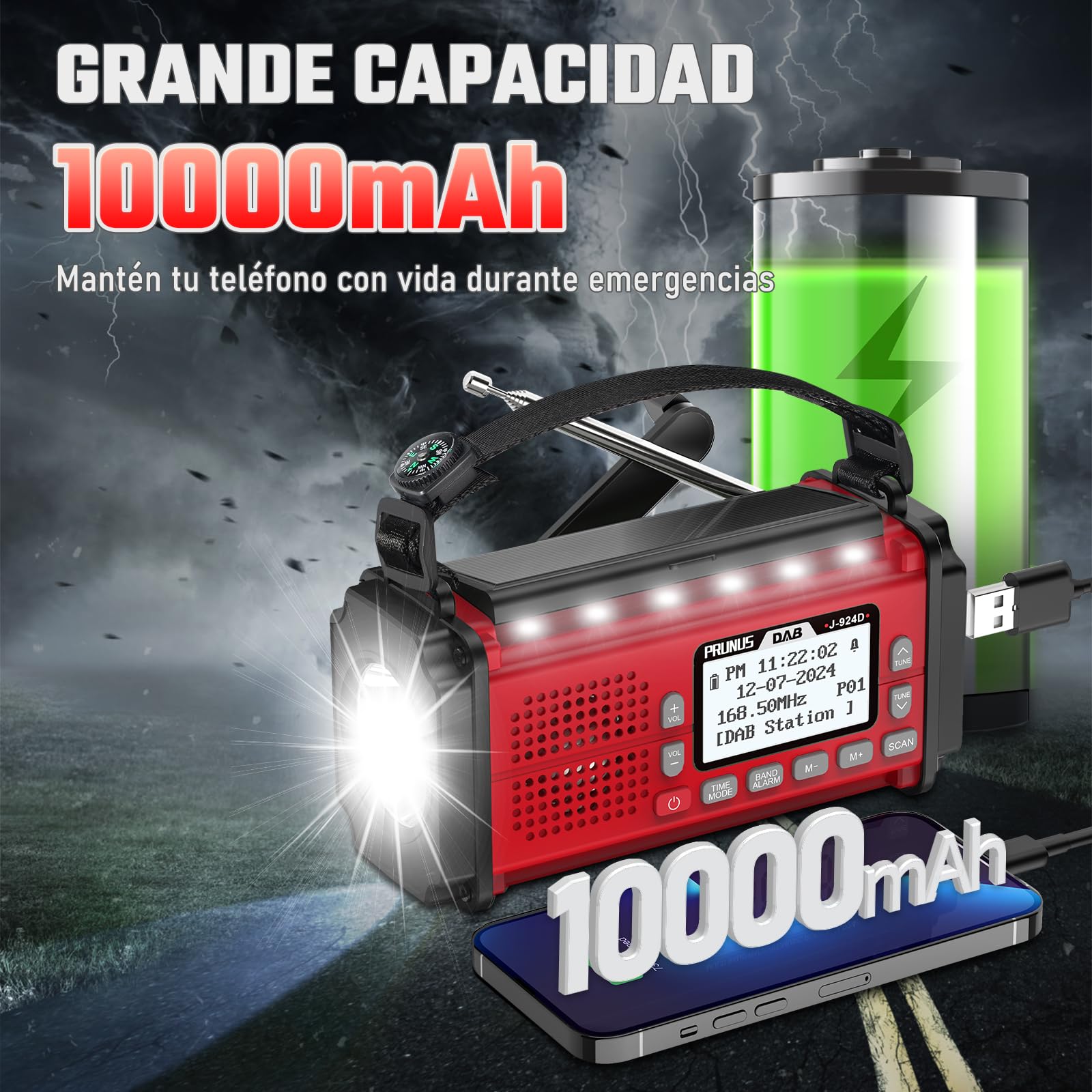 PRUNUS J-924 FM Dab Radio Digital con Función de Preselección, Radio Portatil Pequeña Recargable con Banco de Energía de 10000 mAh, Radios Solar y a Pilas, con Manivela,Linterna,SOS.