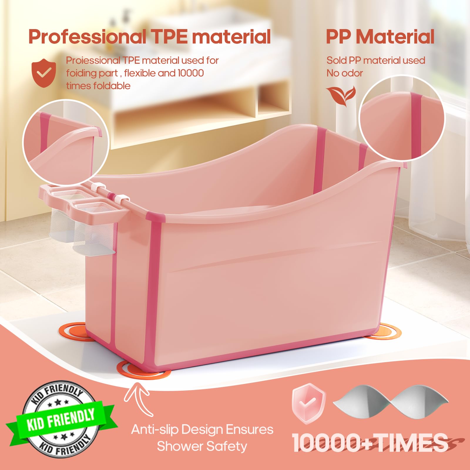 Bañera plegable para bebé portátil con termómetro y almacenamiento (rosa)