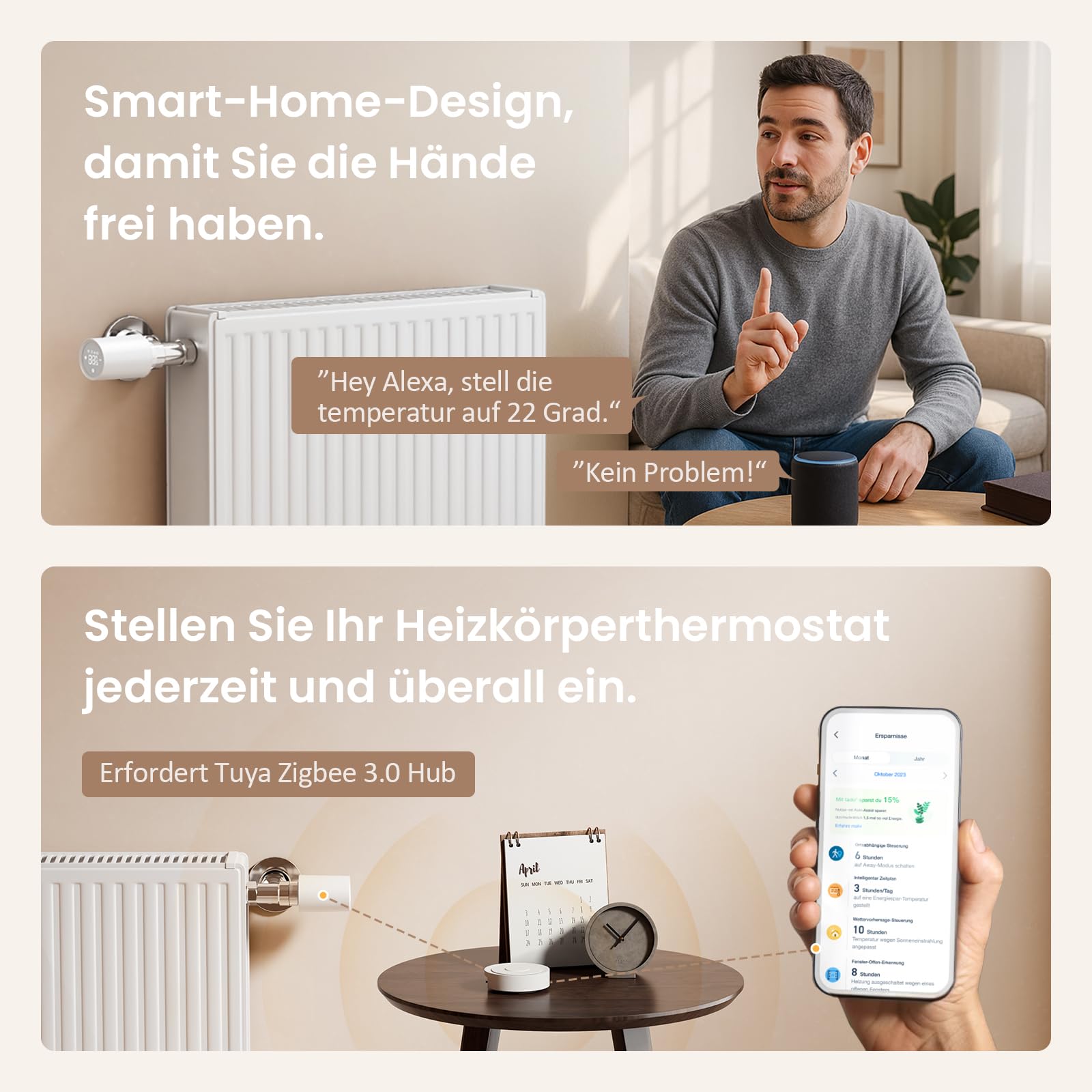 EMKE Smart Heizkörperthermostat Kit, Intelligenter Heizungsthermostat inklusive Tuya Zigbee 3.0 Gateway mit App-Funktion, kompatibel mit Alexa & Google Home, M30*1,5mm, 6 Adapter