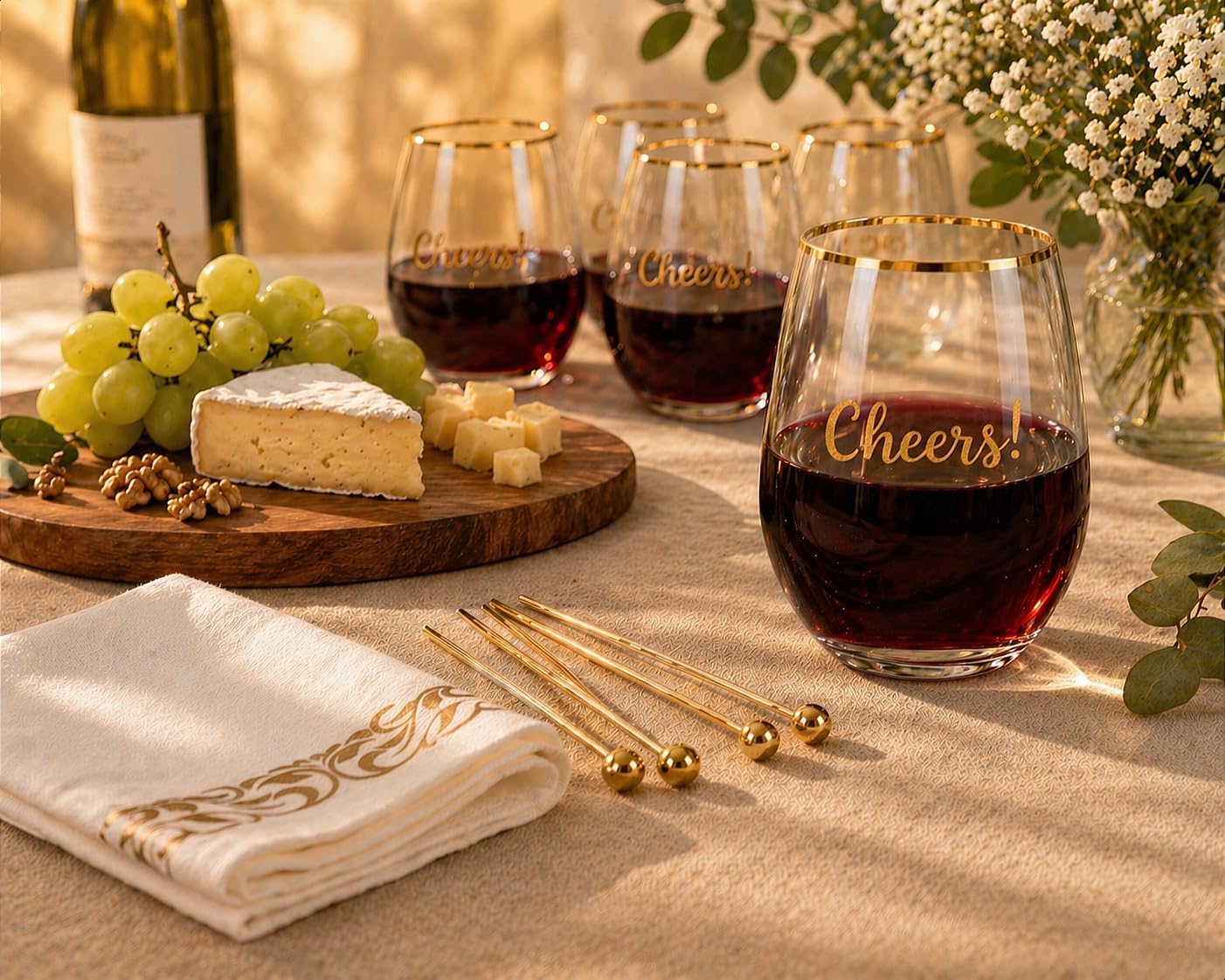 Plastic Wine Glasses Stemless Disposable 12 oz with Gold Rim - 30 Guests Party Drinkware Set, 30 Plastic Cups, 30 Napkins & 50 Cocktail Picks - BPA-Free, Shatterproof, Reusable, Recyclable