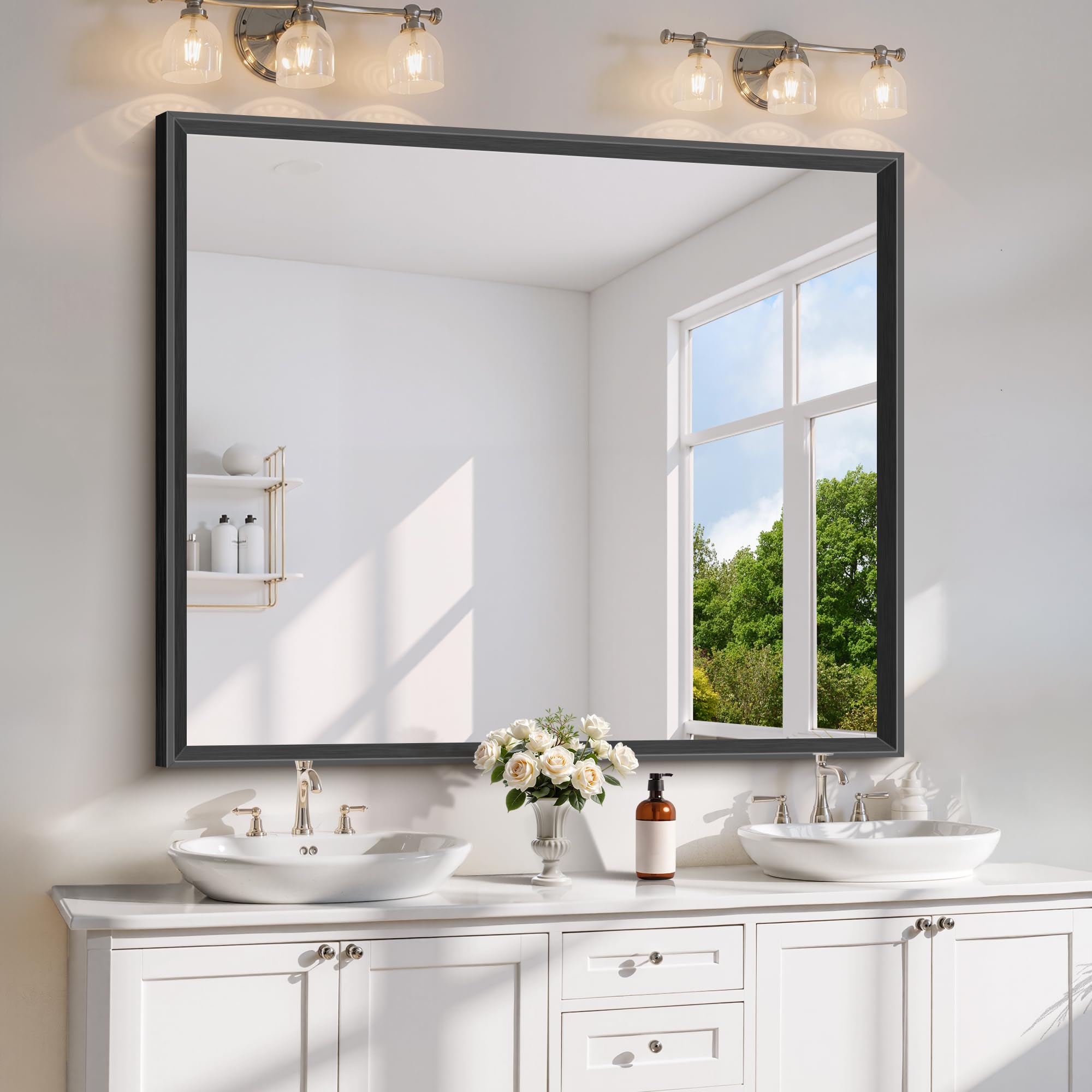 Bathroom Large Mirror 40x48 Inch Black Rectangle Beveled Edge Frame Wall Mirrors for Sink Thick Frame Brushed Black