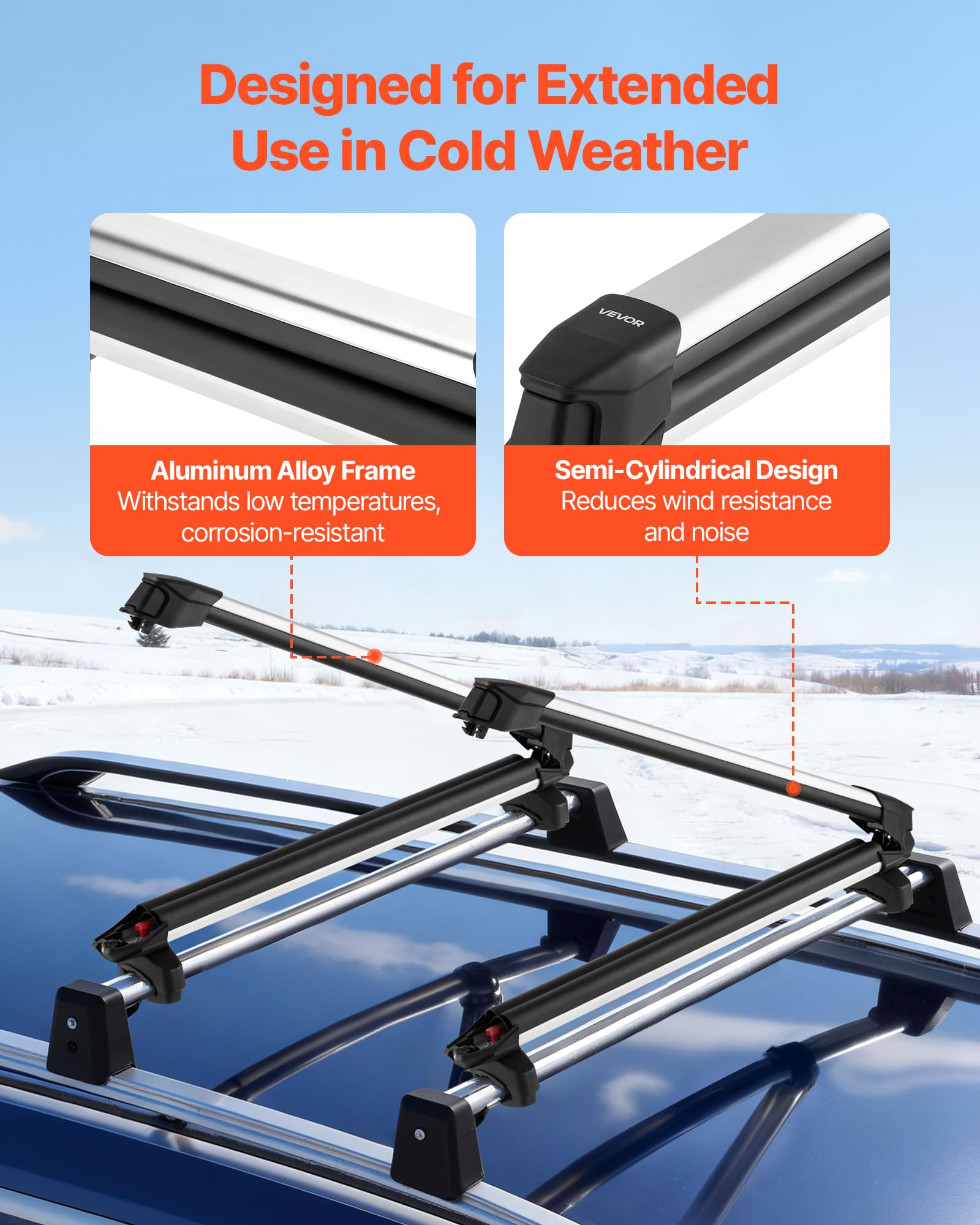 VEVOR Porte-skis sur barre de toit 715 mm, support pour planche à neige universel en aluminium avec verrou, capacité 6 paires de skis ou 4 planches, compatible avec la plupart des barres transversales