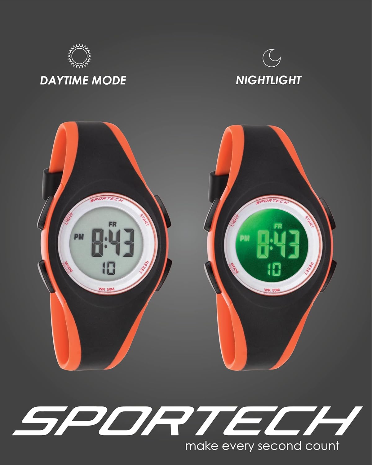 Sportech SP147 Digital Watch showing daytime mode and nightlight mode
