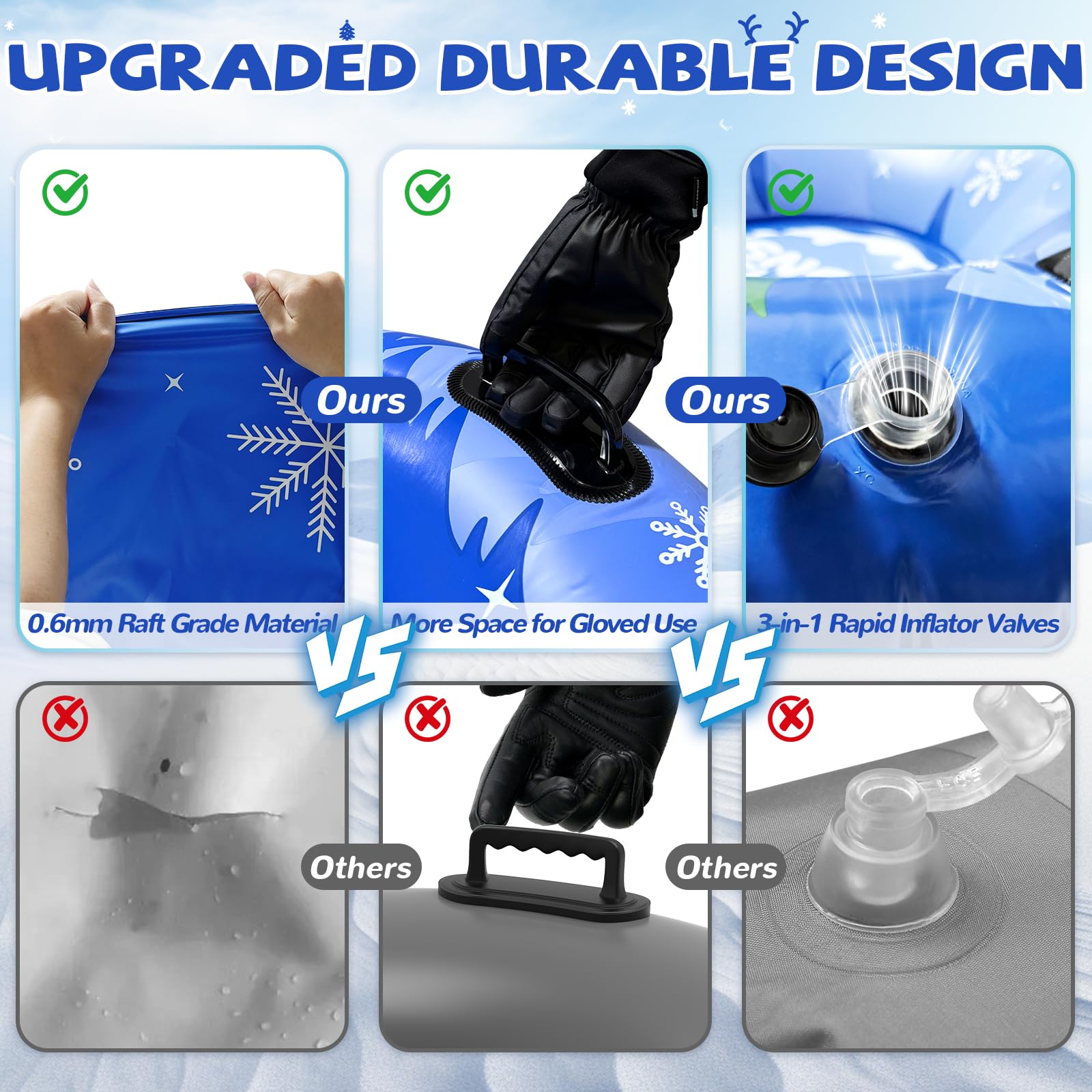 Menmek Snow Tube, 36‘’ 3Packs/4Packs Snowman Snow Tubes for Kids & Adults, Durable Cold-Resistant PVC Inflatable Snow Sled, Heavy-Duty Hard Bottom & Handles, Perfect for Family Boys Girls Sports Fun