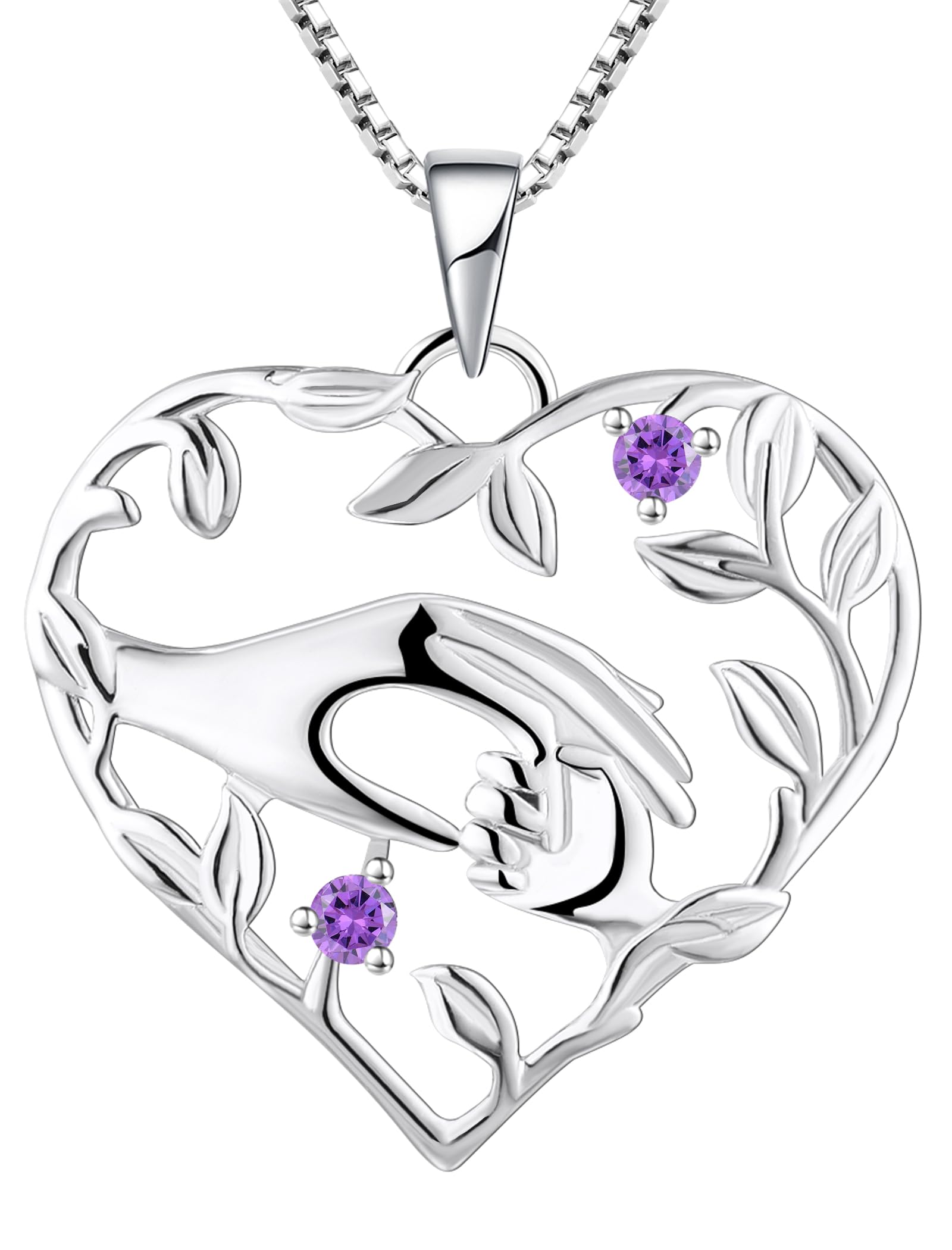 Heart Mother Necklace 925 Sterling Silver Mom Hand Pendant Birthstone Leaf Jewelry for Women