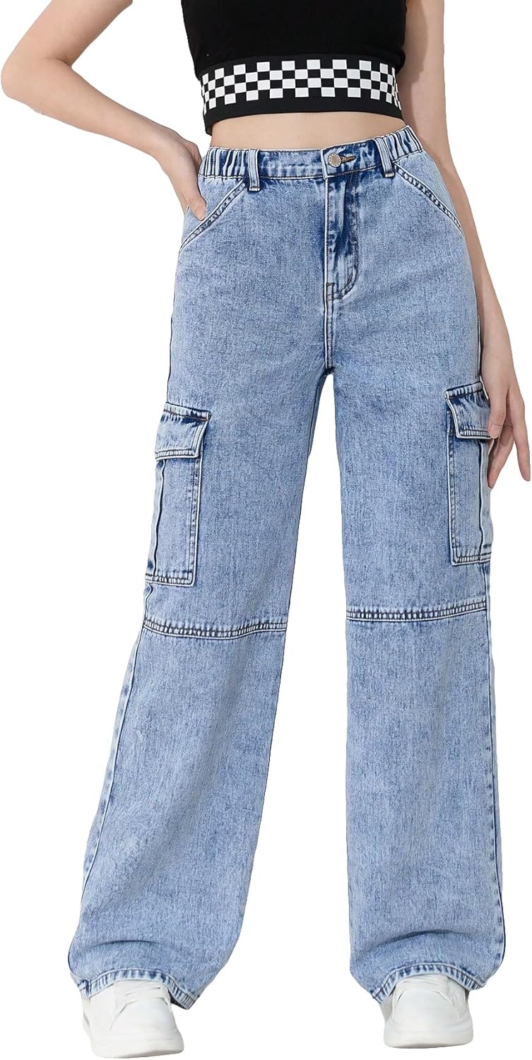 WDIRARA Girl's Flap Pocket Side High Waist Straight Leg Cargo Long Jeans Denim Pants