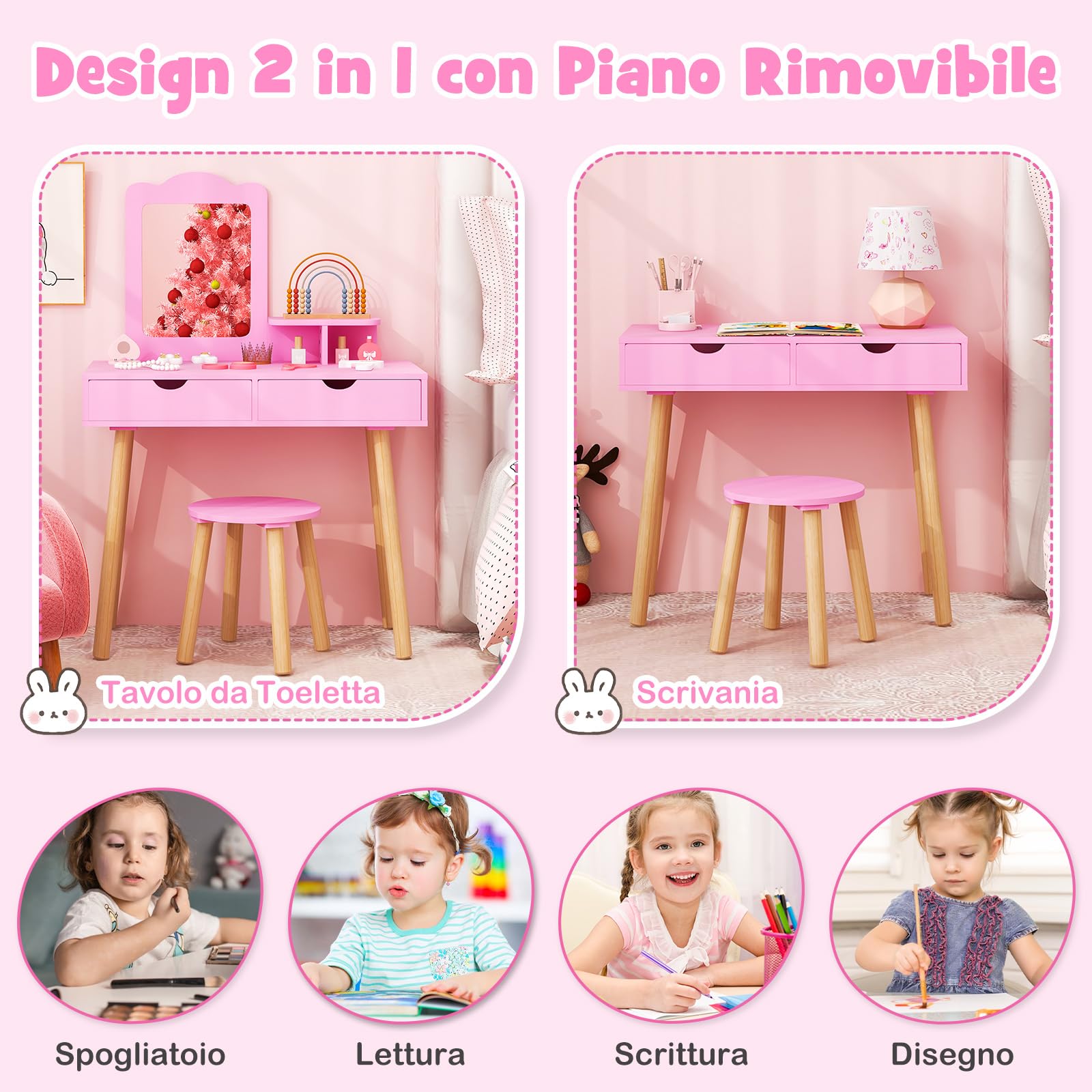 COSTWAY 2 in 1 Set Toeletta per Bambini, Postazione Trucco in Legno con Sgabello, Specchio Rettangolare Staccabile e 2 Cassetti Capienti, Ideale per Bambini dai 3 ai 7 Anni (Rosa Scuro)