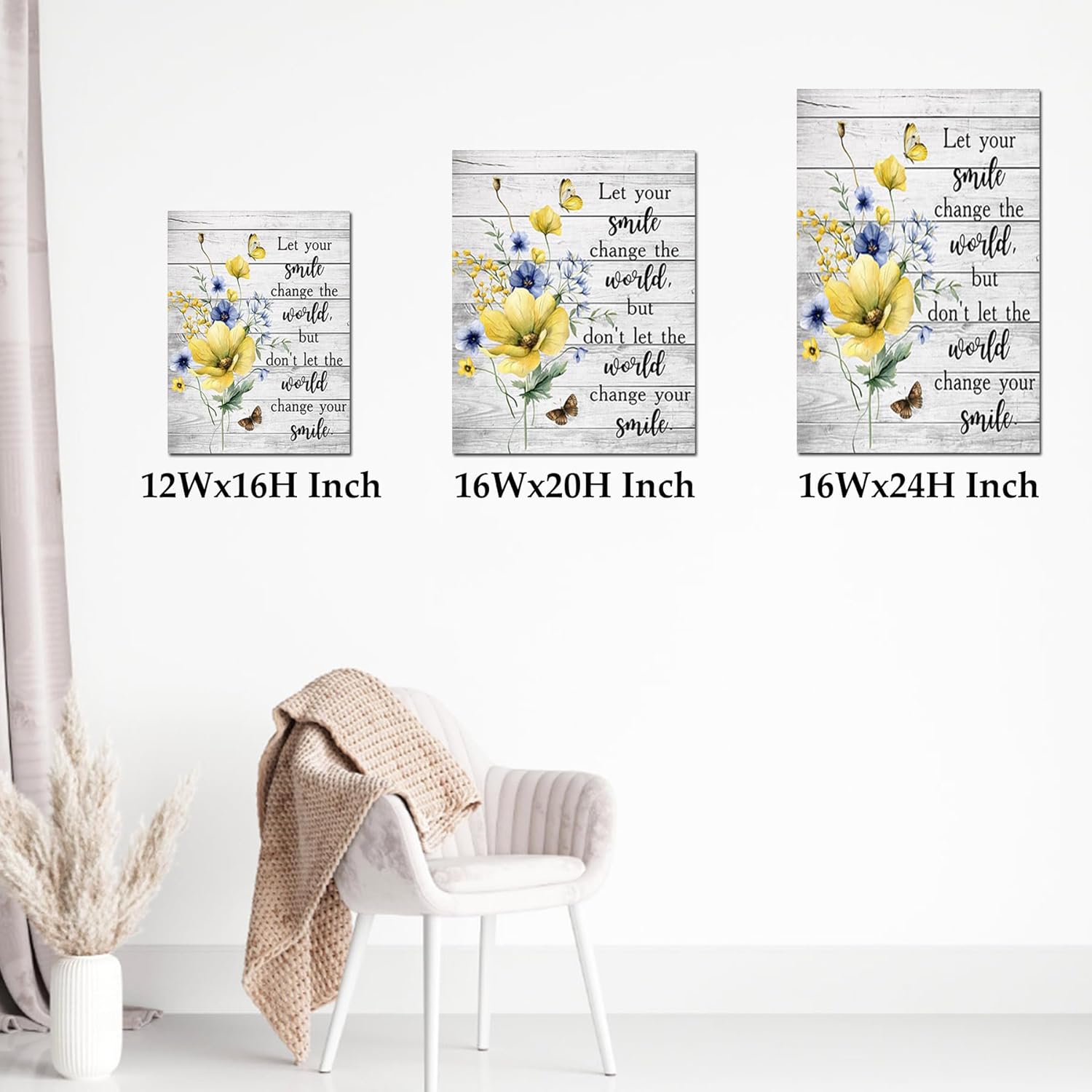 LB Blue and Yellow Floral Wall Art- Grey Farmhouse Bathroom Decor- Funny Inspirational Rustic Flower Aesthetic Butterfly Framed Canvas Prints for Living Room Kitchen Bedroom Office,16x20 inches