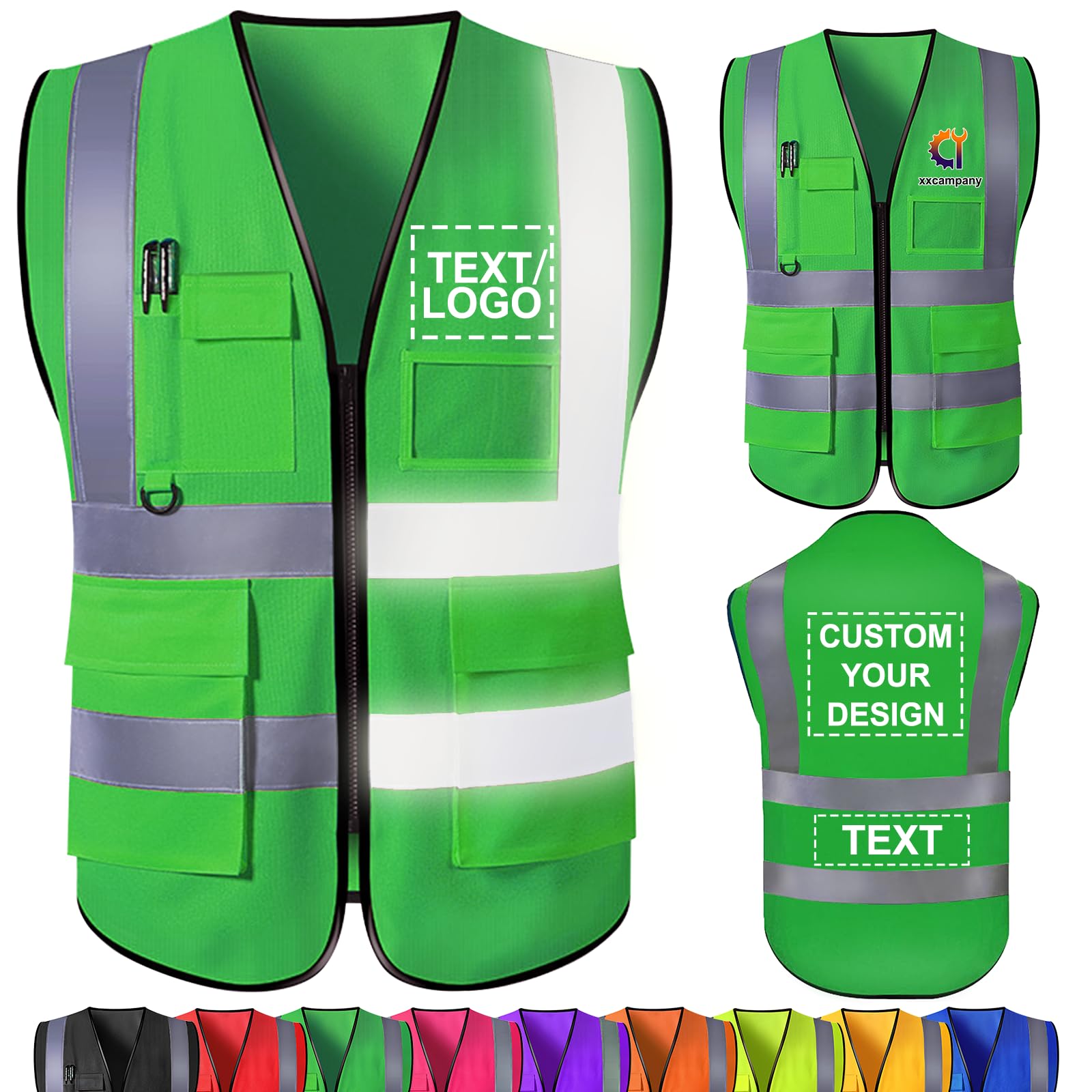 Custom Safety Vest Bulk with Name Logo Text Personalised High Visibility Reflective Vests with Pockets Customised Work Vest for Men Construction Employee Green 3X-Large — image 1