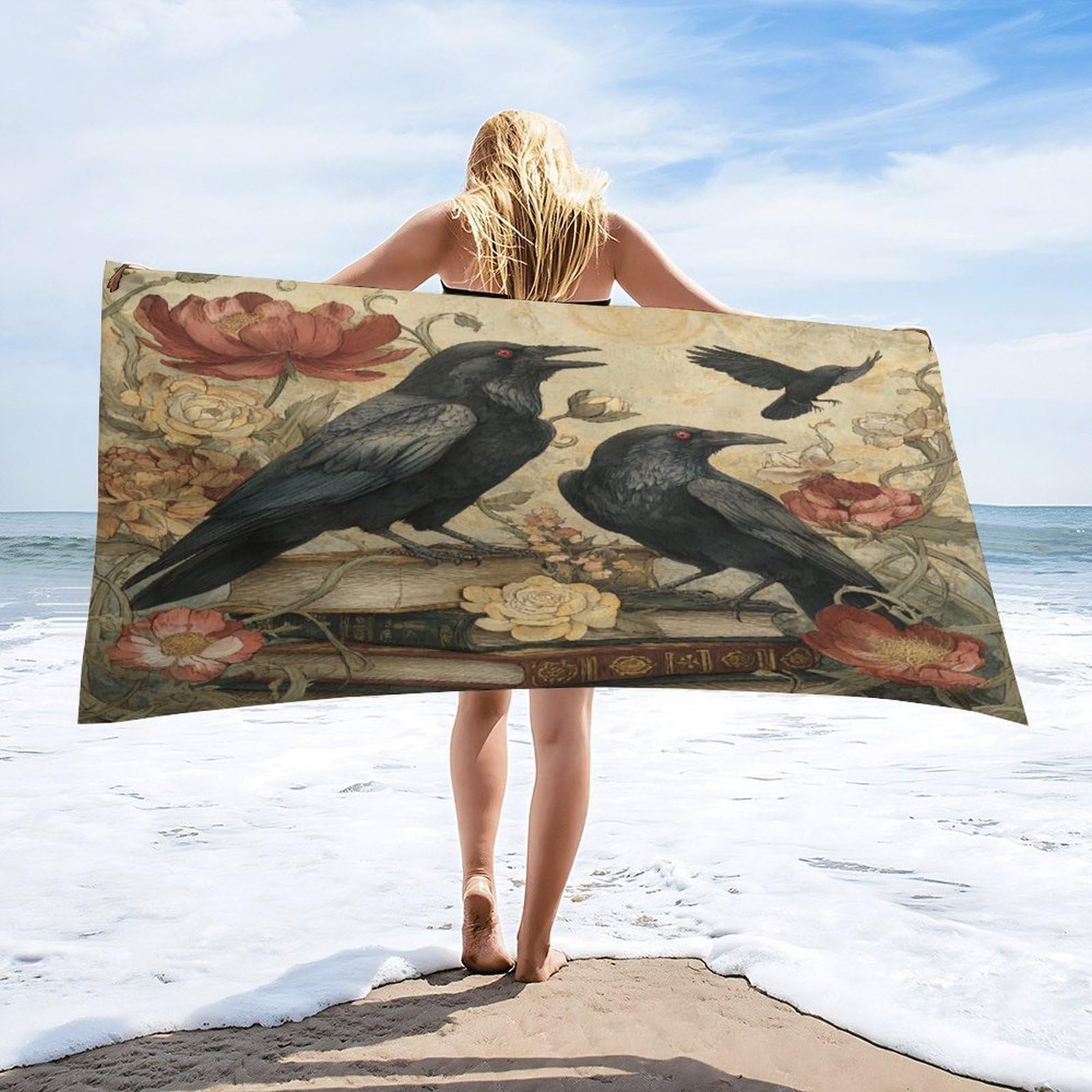 Luyysky Modern Fantasy Animal Raven Absorbent Beach Towel, Retro Mid Century Gothic Wildlife Crow Plant Daisies Flowers Books Outdoor Single-Sided Velvet Beach Towel-80 W Cm X 160" L Cm