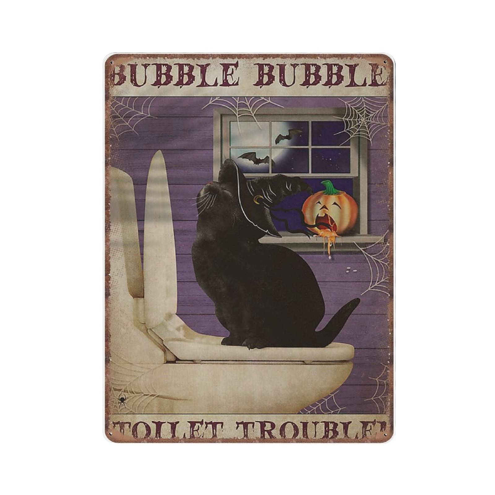 Gqwjksz Material_tin10 Witch Cat Tin Signs - Bubble Bubble Toilet Trouble Poster, Black Cat Bathroom Print, Cat Halloween Canvas, Funny Cat And Pumpkin Vintage Poster Wall Decor Bar Club Kitchen, 30X40cm Small