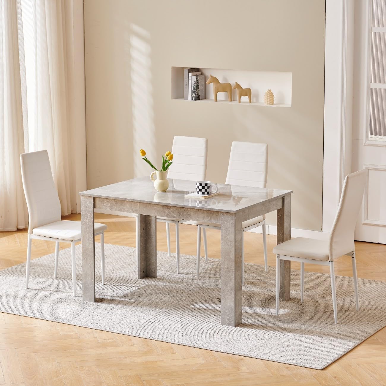 Homullel 120cm Glossing Dining Table and 4 Chairs, 4 Seater Kitchen Table and Chairs Set for Space Saving, Compact Dining Room Set for 4, 120x80 cm, Wooden, Beton Grey (4 Seaters, PU Eggshell White) — image 1