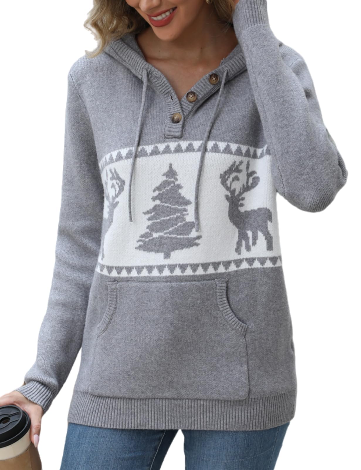 CiCiBird Women's Fall Hoodies Sweater V Neck Waffle Knit Top with Pocket