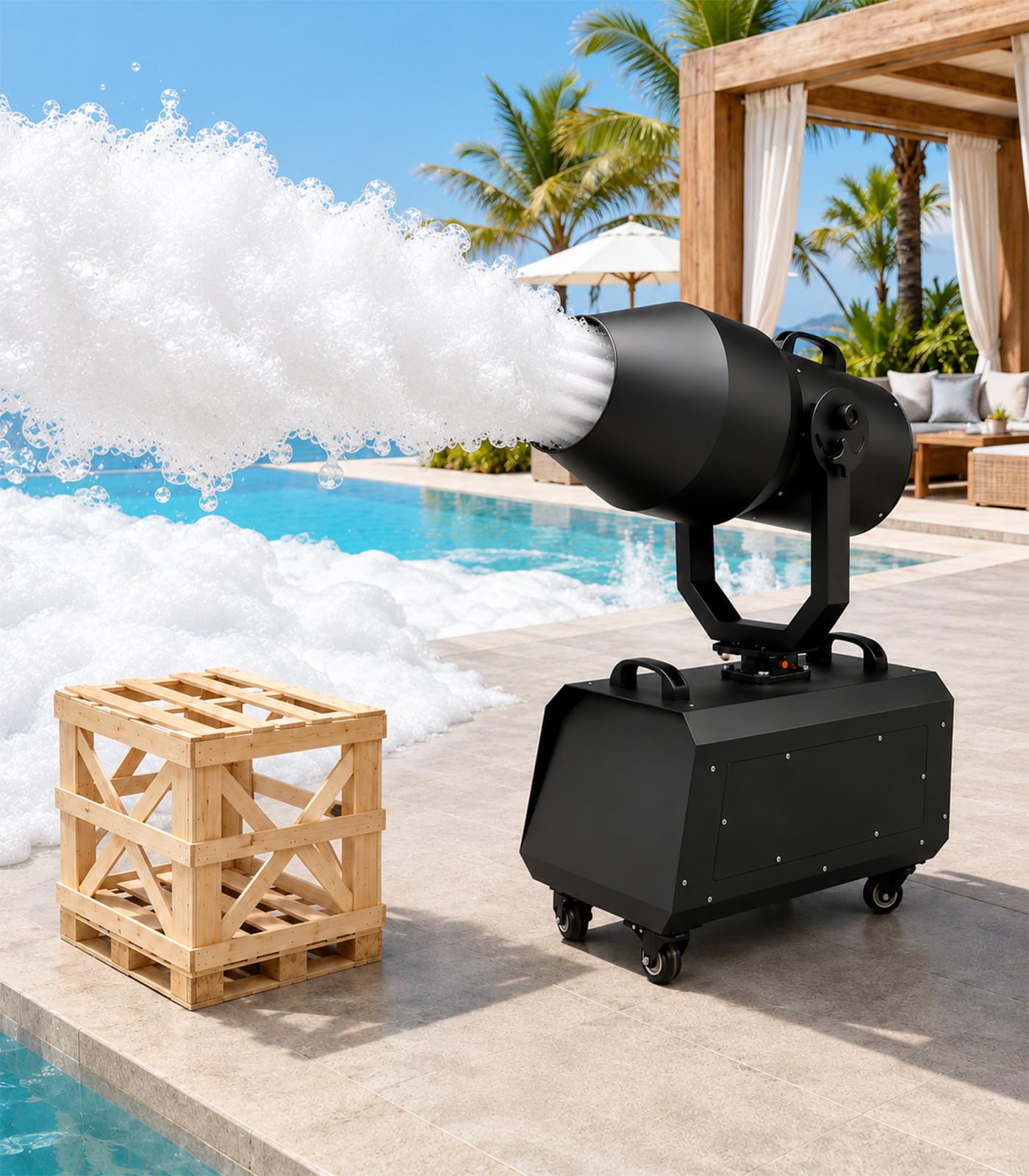 Máquina de Espuma oscilante para Exteriores, cañón de Espuma con rotación automática de Izquierda a Derecha para escenarios, Fiestas en la Piscina Woodenframepackaging