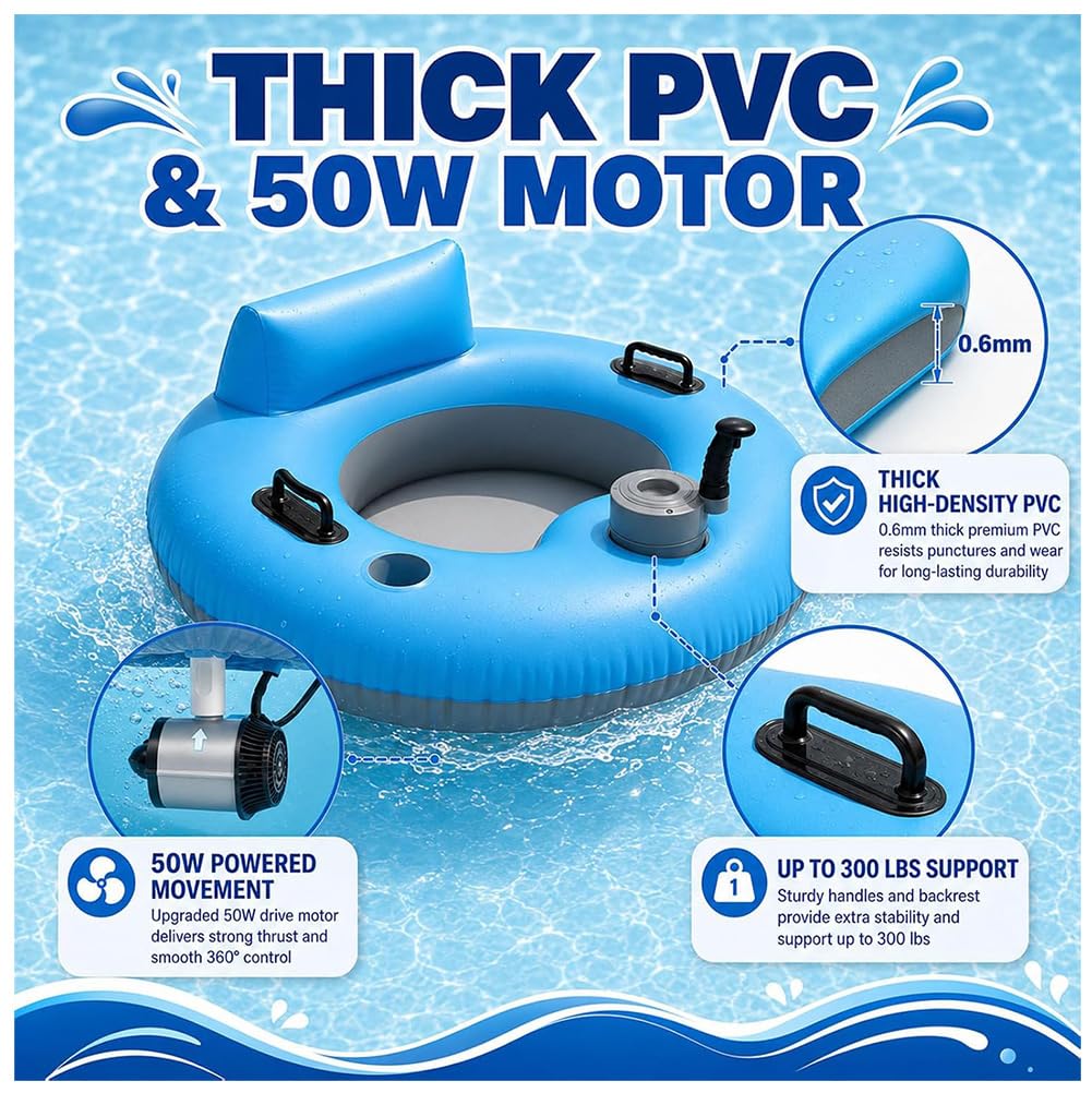 Motorisierte Pool-Liege, Elektrischer Pool-Float mit 360° Rotierendem Antrieb, 136kg Tragkraft - Getränkehalter und Rückenlehne, Aufblasbare Wasserliege für Pool, See, Strand und Sommerspaß