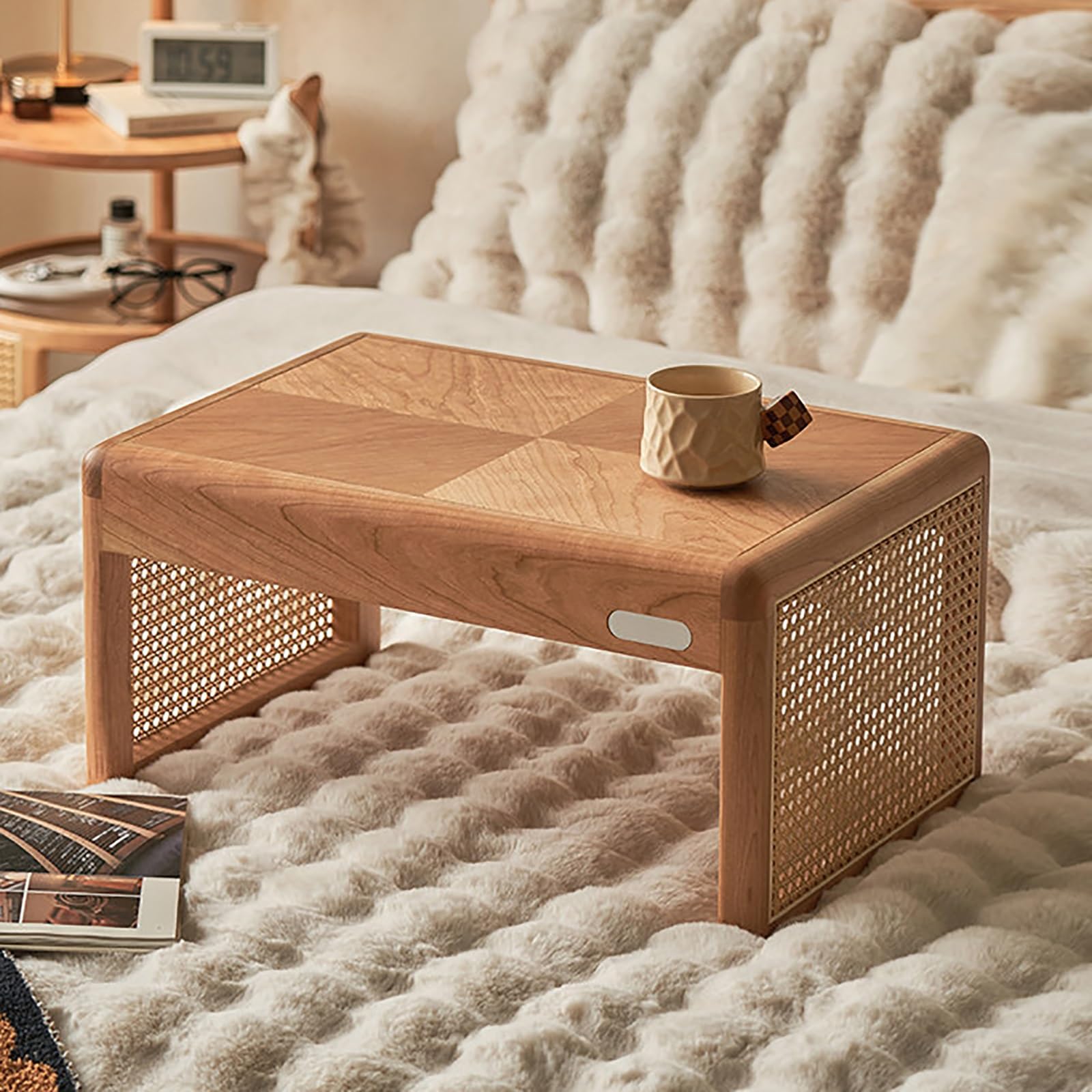 Tavolino da caffè in rattan intrecciato, tavolo basso in legno massello per tè, tavolino vintage piccolo per tatami, camera da letto, finestra a golfo, sala da tè