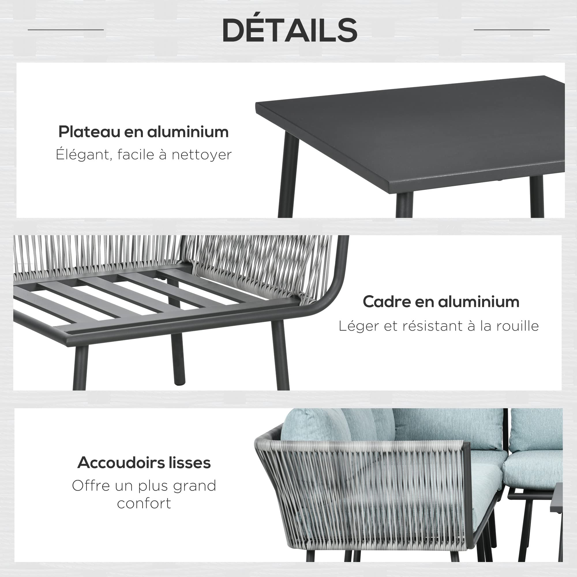 Outsunny Salon de Jardin d'angle en résine tressée 4 pièces avec 2 canapé d'angle 2 Places + 1 canapé d'angle 1 Place + Table Basse Coussins Inclus Cadre en Aluminium Gris
