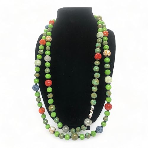 Miniatura 3 de Evergreen Emerald And Sterling Silver Necklace, Green Porcelain Beads Symbolize Growth and Resilience, 34 Inches for Versatile Wear