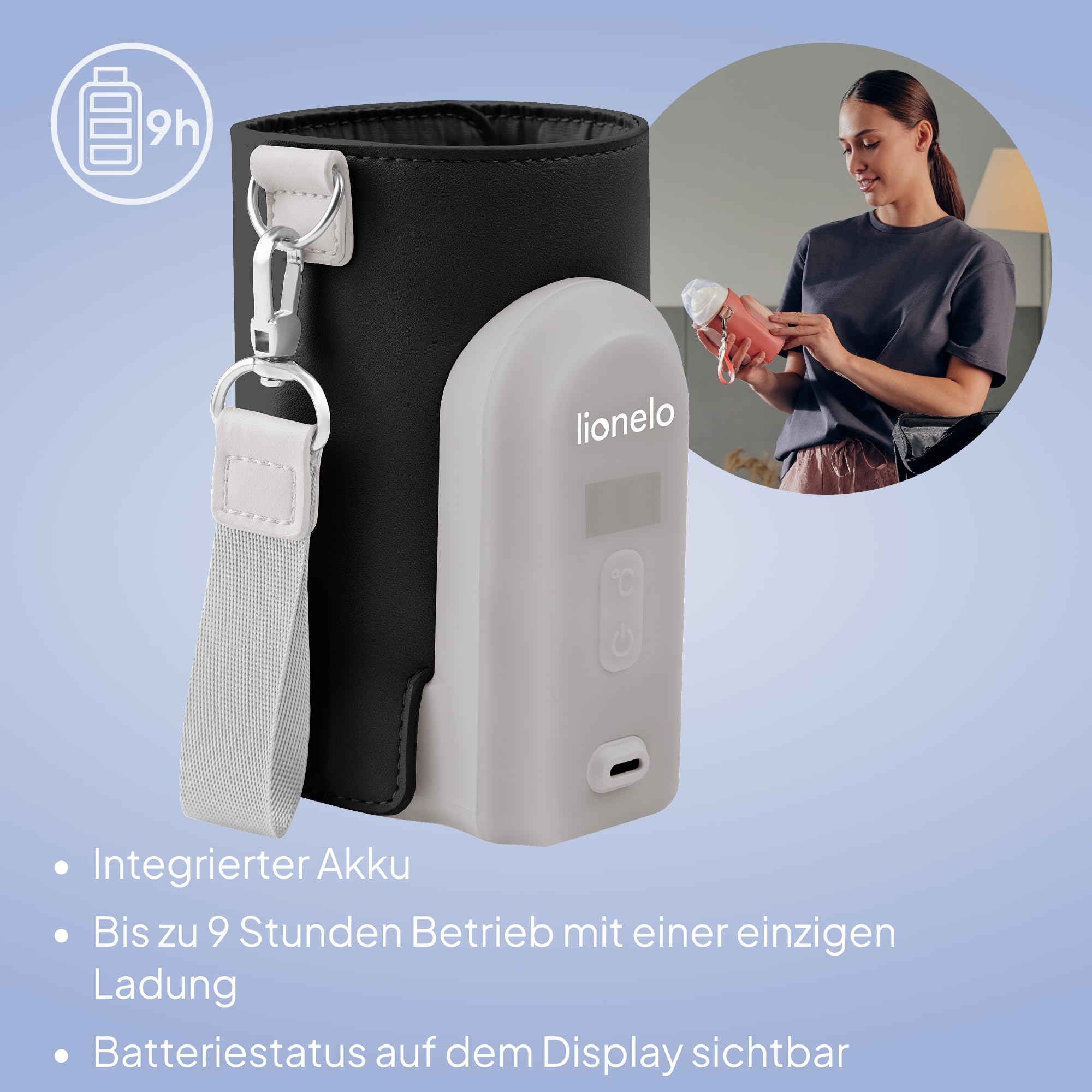 LIONELO Thermup Go Evo Tragbarer Babyflaschenwärmer hält Flüssigkeiten warm | 5 Betriebstemperaturen von 38 bis 50o C, USB-C Aufladung, bis zu 9 Stunden Betrieb, LCD Display