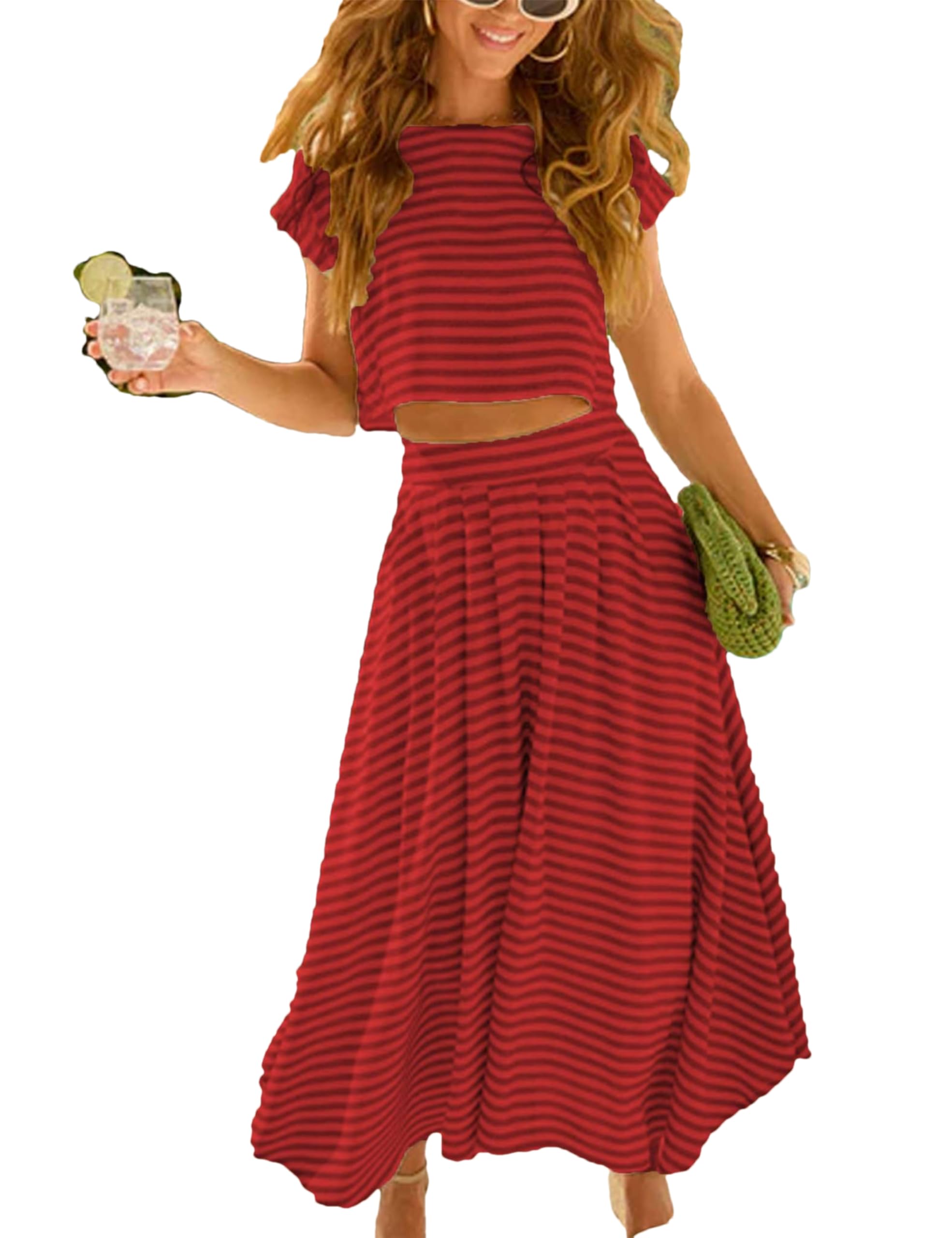 Zontroldy Women's Summer 2 Piece Outfits Striped Skirt Sets Cap Sleeve Crop Top Midi Dress Matching Travel Outfits