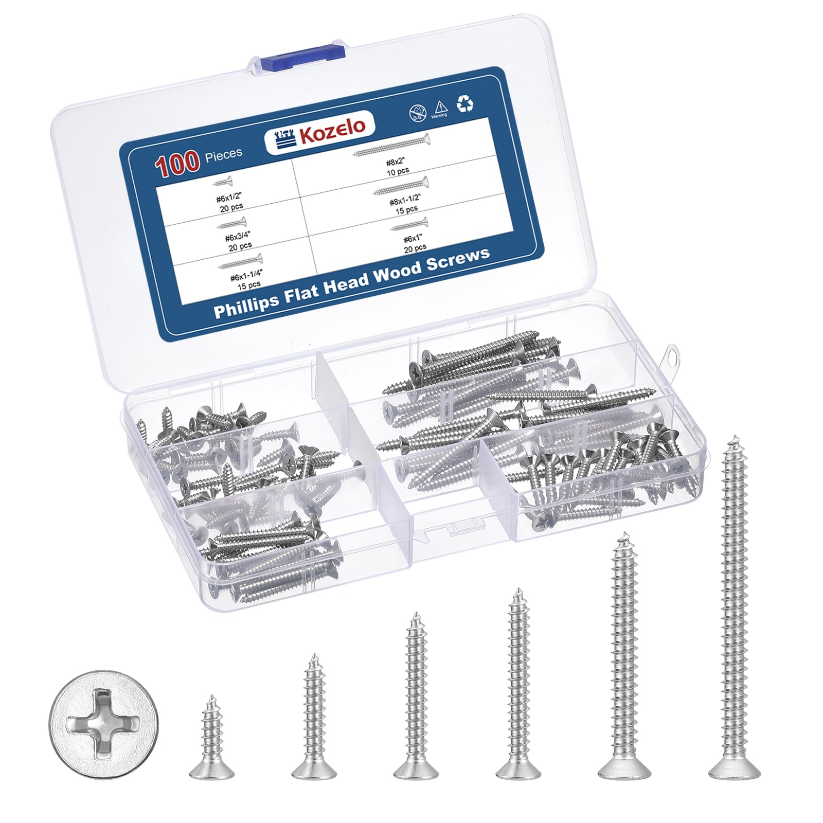 Kozelo 100Pcs Phillips Flat Head Wood Screws Assortment Kit - [#6x1/2" to 2"] 304 Stainless Steel Countersunk Self Tapping Screws, Silver — image 1