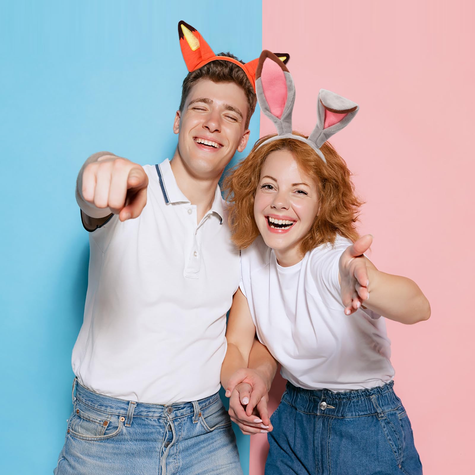 MWOOT Ears królik opaska na głowę, opaska na uszy, królik i lis, 2 sztuki karnawałowy kostium dla pary Cosplay, śliczne pluszowe uszy dla kobiet mężczyzn