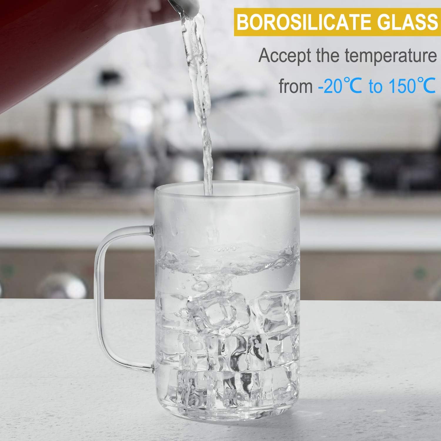 New Deal Enindel 3025.01 Simple Style Glass Coffee Mug, Large Cup, Clear, 16 OZ, Set of 4