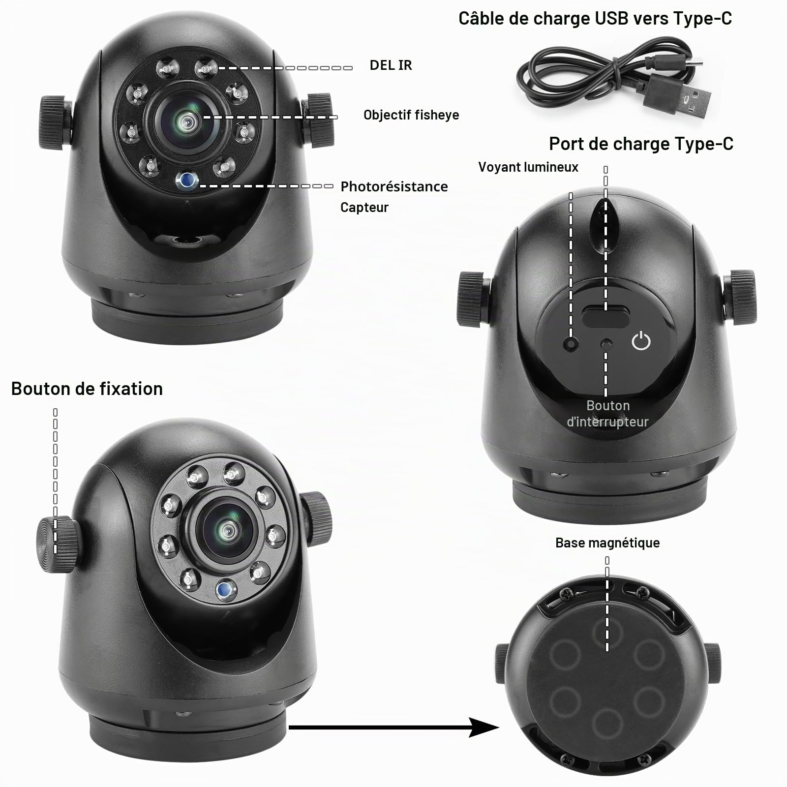 WiFi Magnetic Hitch caméra de recul sans fil à vision nocturne, batterie rechargeable, adaptée pour iPhone Android, facile à monter bras cou de cygne bateau voyage remorque RV