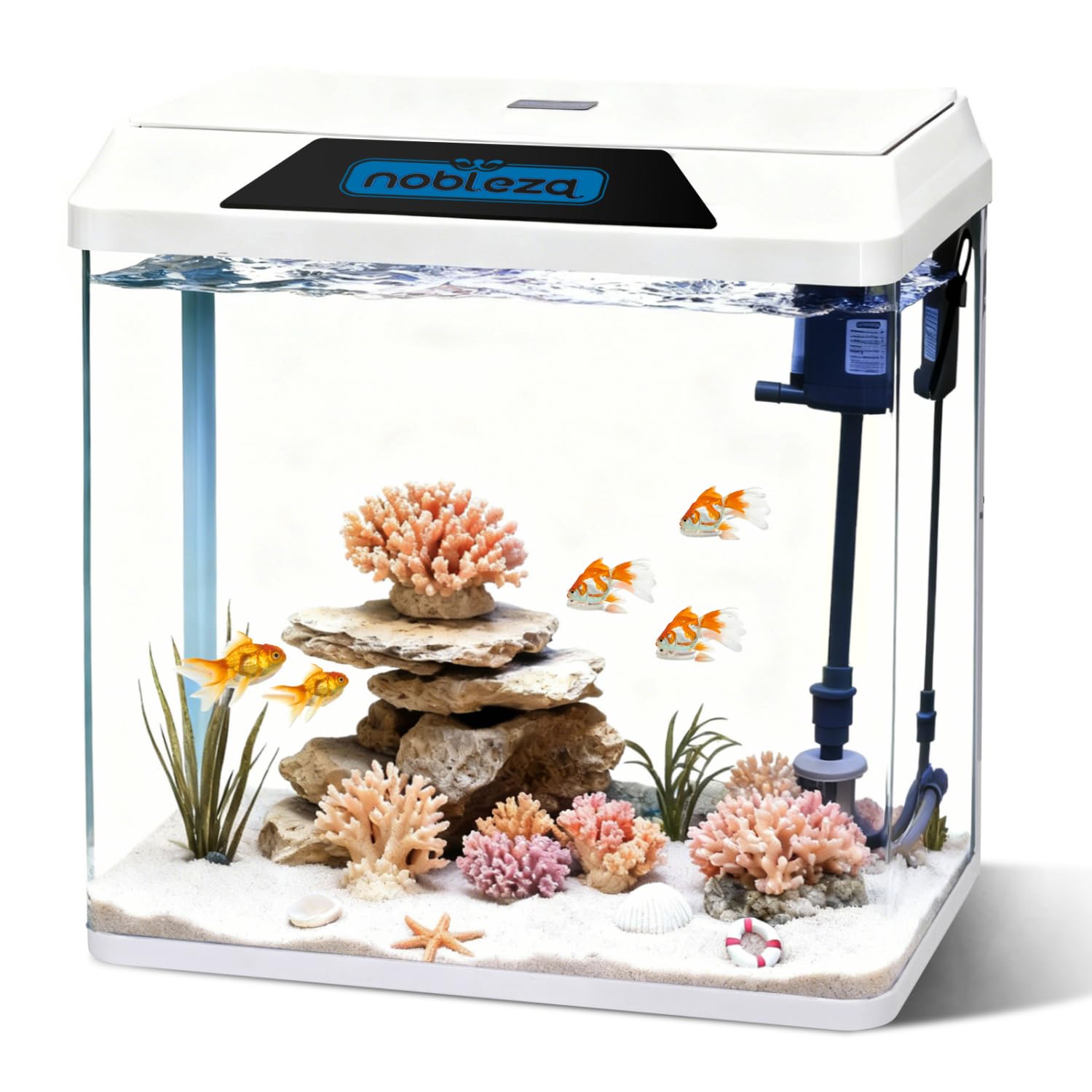 Nobleza - 30L Aquarium Komplettset, Nano Aquarium mit Eingebautem Filtersystem und LED-Beleuchtung, Stabiles Einsteigerbecken für Zuhause oder Büro - Weiß