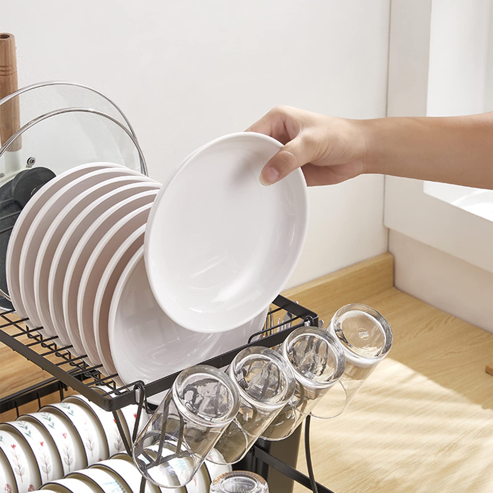 Escurreplatos de 2 niveles, escurreplatos con bandejas de goteo, soporte para cubiertos para tabla de cortar, cesta de vajilla para cocina