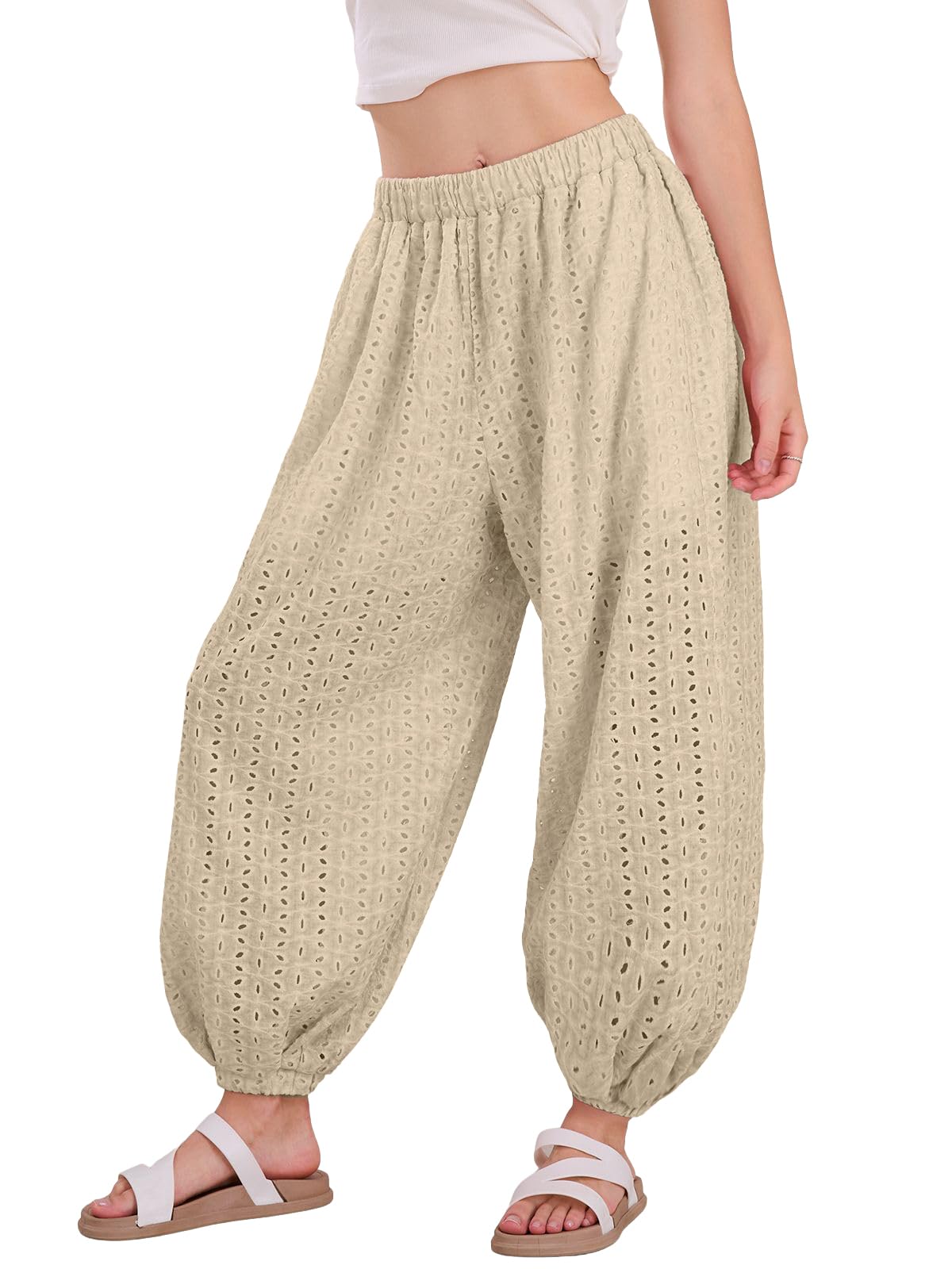 utcoco Womens Eyelet Lace Beach Palazzo Harem Pants Casual Loose Embroidery High Waist Cotton Trousers with Pockets