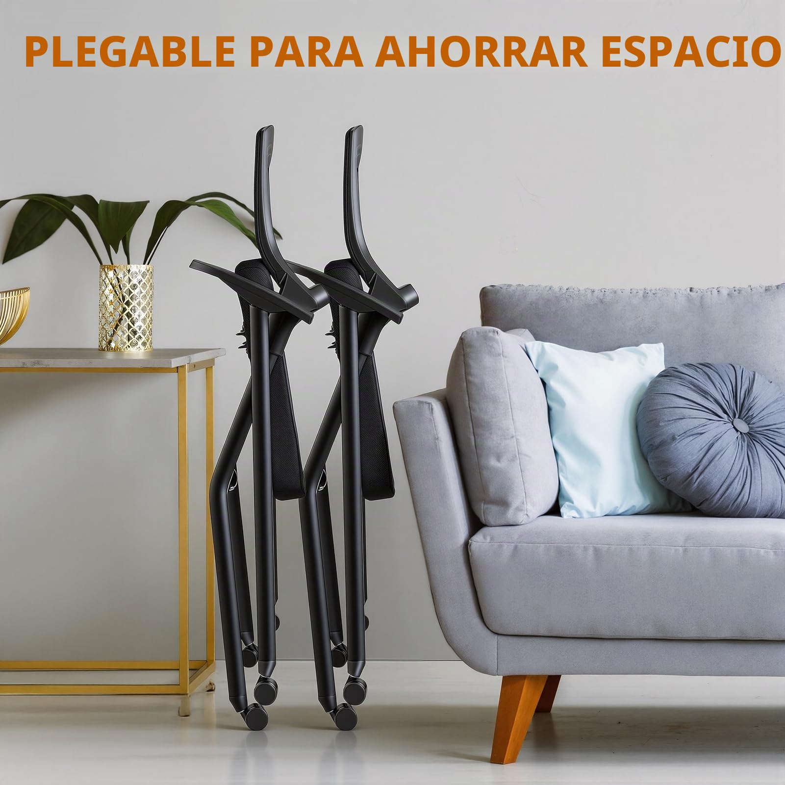Silla de oficina plegable, respaldo ergonómico de malla con ruedas de PU y reposabrazos lisos, silla de invitados apilable para sala de conferencias, reuniones, recepción, color negro