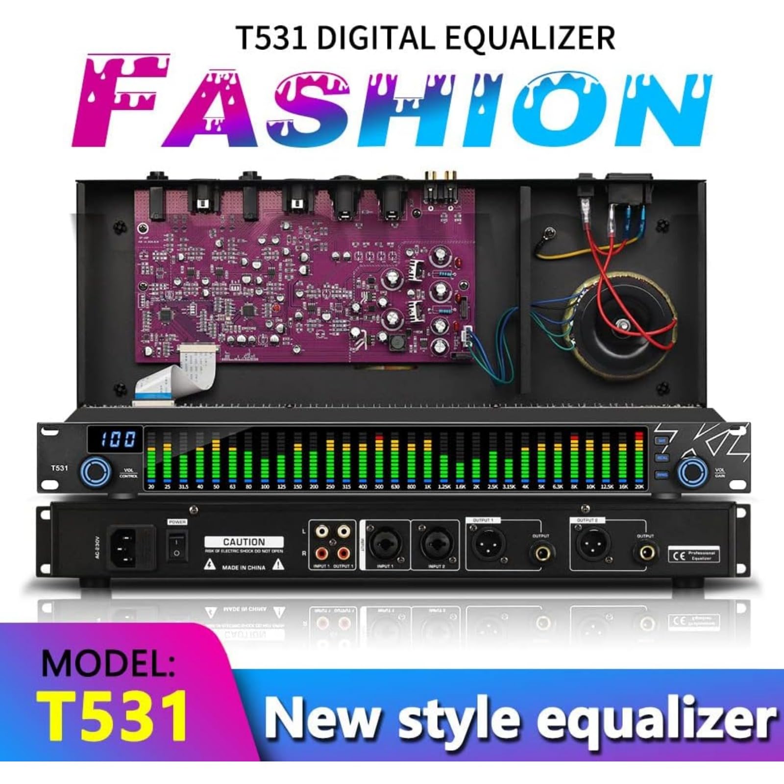 T531 Digital Equalizer EQ Redukcja szumów, z wyświetlaczem widma 31 pasm do KTV Stage Performance Board Stereon, wskaźnik widma LED