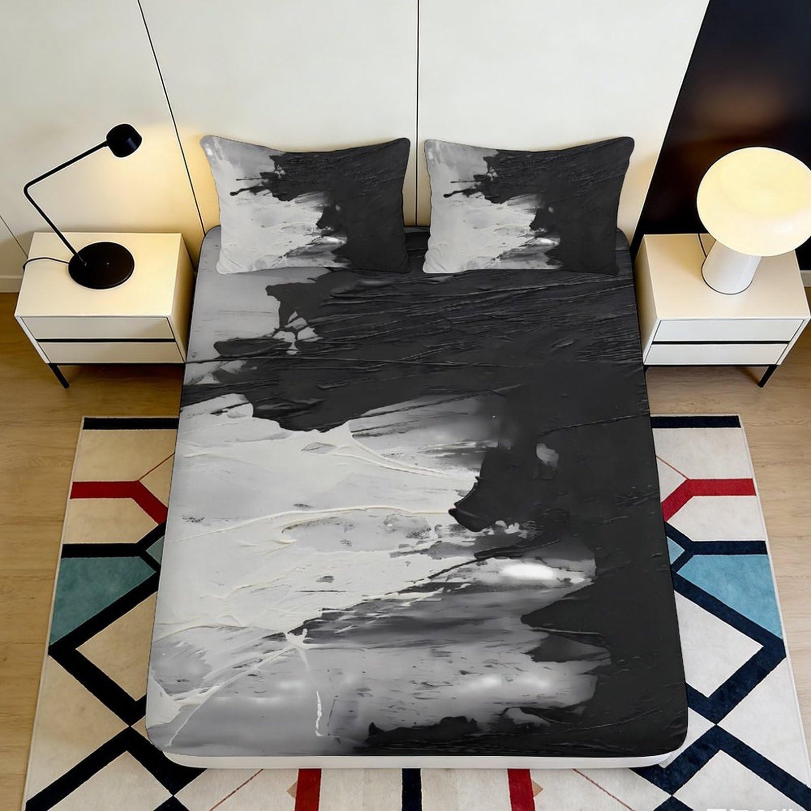 3D Printed Abstract Black White Fitted Sheet Microfiber Non-Slip Artistic Ink Mattress Cover Bedroom Decor Washable 140x200x25cm