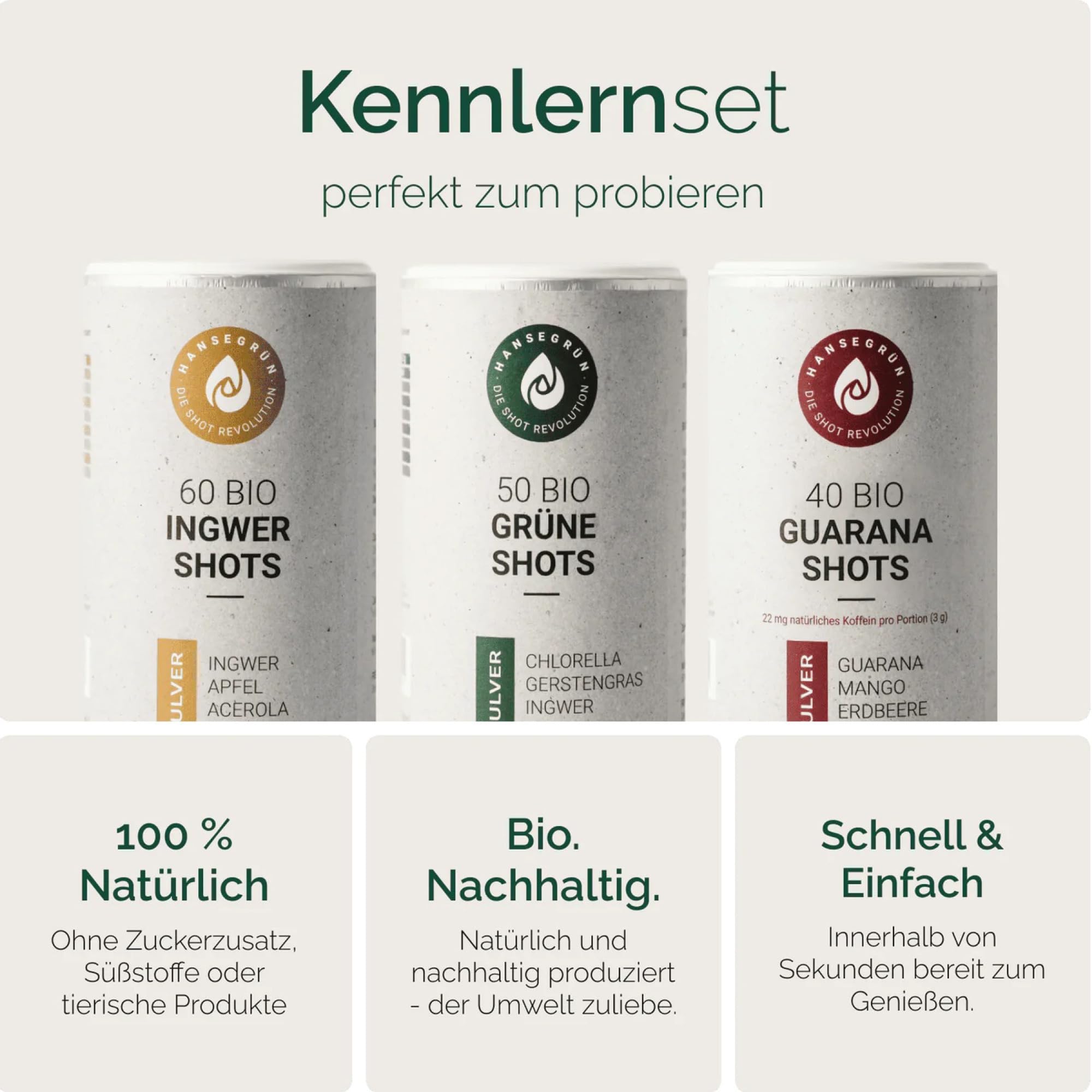 Hansegrün - Kennlernset - Bio-Shots mit Ingwer, Greens & Guarana (150 Shots) - Veganes Superfood-Pulver zur Stärkung von Immunsystem¹, Darmfunktion³ & täglicher Energie² - 100% echte Zutaten