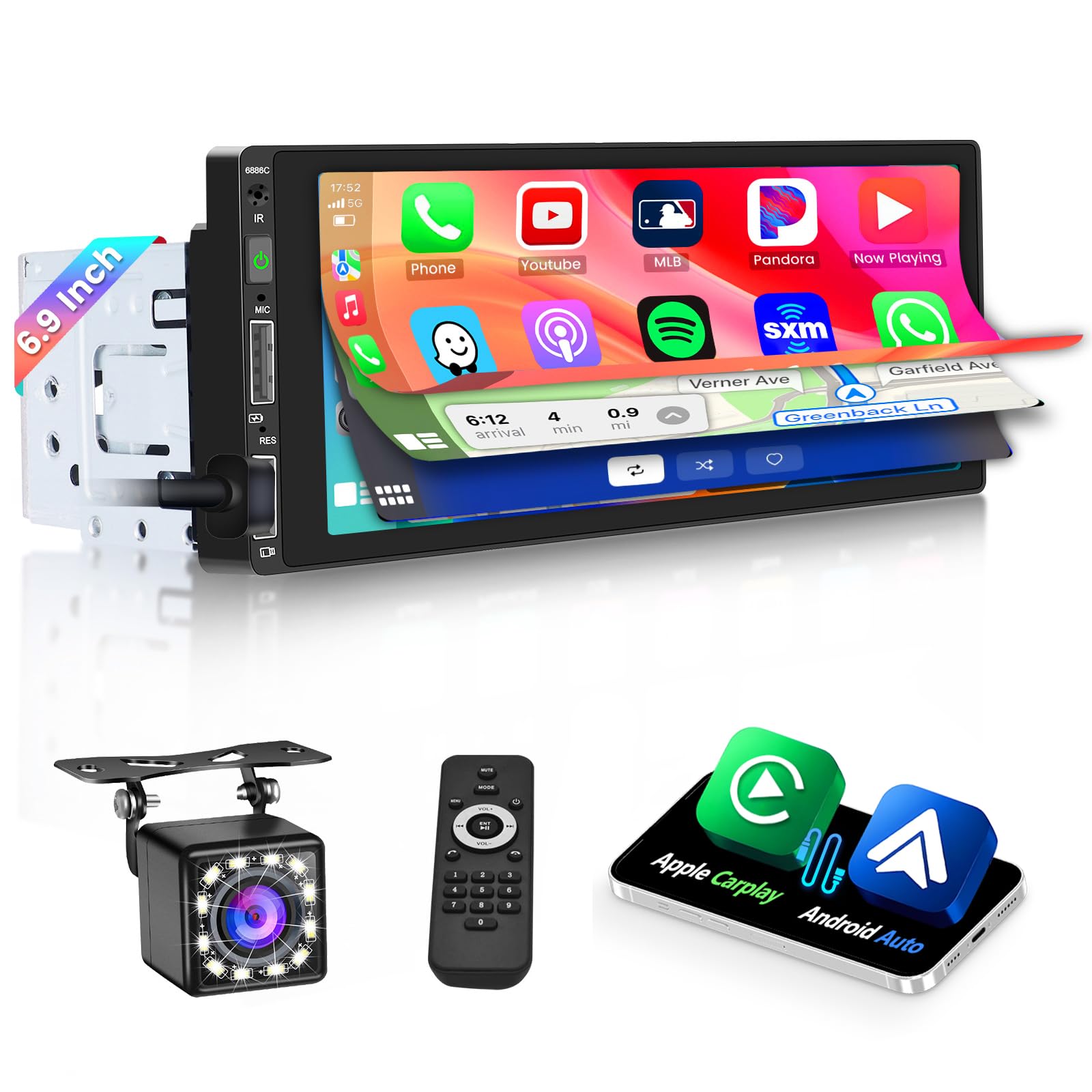 Hikity Autoradio 1 Din Wired Carplay Android Auto 6,86 Pollici Touchscreen Radio Bluetooth Auto Stereo con Mirror Link FM Radio USB/EQ/Controllo del Volante/Telecamera Posteriore