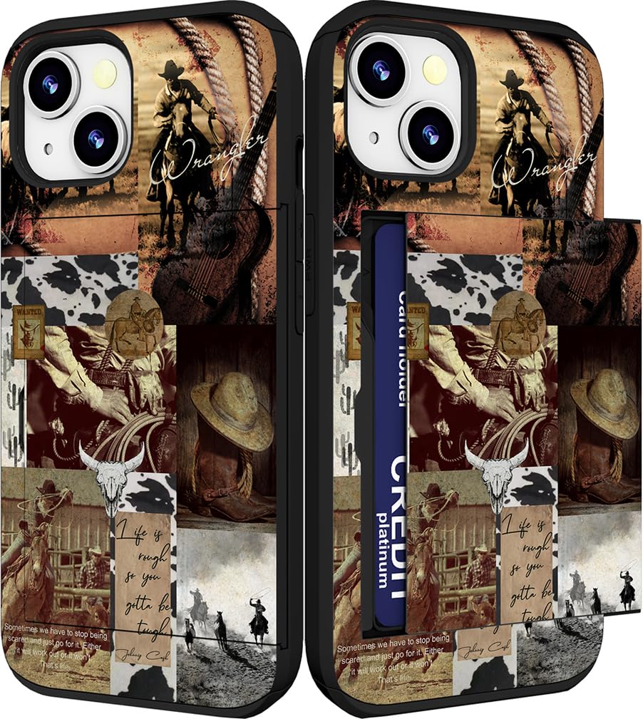 IWONE Compatible with iPhone 14/13 Case Cute with Card Holder Slim Slot Phone Wallet Cover for Women/Cowboy Country Wrangler Collage Cow Western