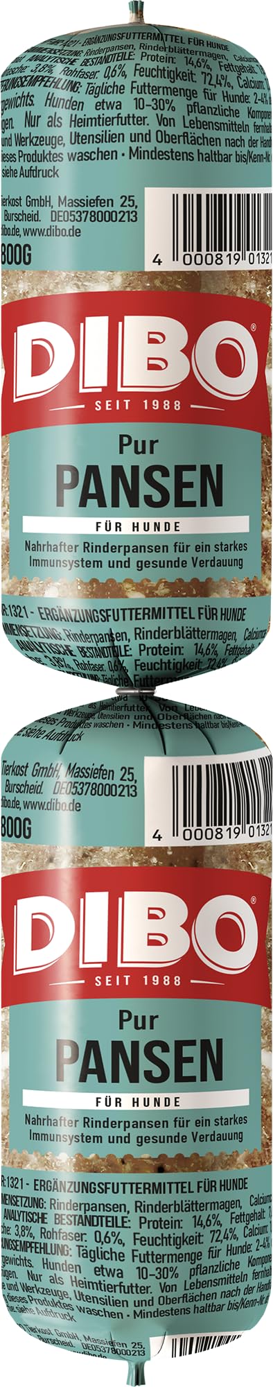 DIBO Tiefkühlwurst Pansen, 14 x 800g, Tiefkühlfutter, gesunde, natürliche Ernährung für Hunde, Hundefutter, Barf, B.A.R.F.