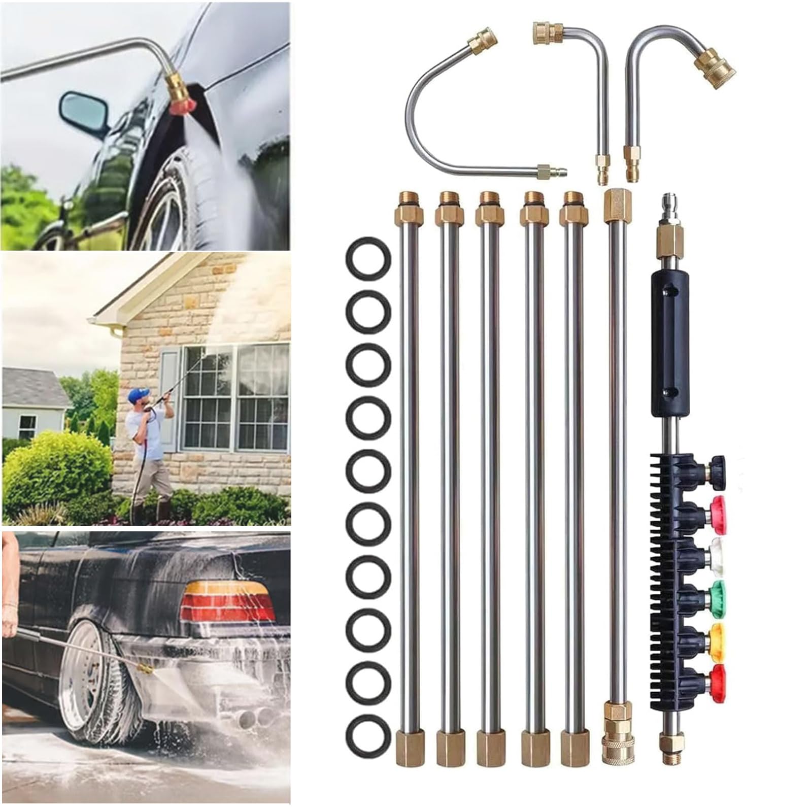 Set di lancia telescopica ad alta pressione da 4000 psi per la pulizia di grondaie, scarichi del tetto e pareti, prolunga per idropulitrice, 6 ugelli, attacco rapido da 1/4", asta curva da 30°, 90°,