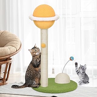 Grand Line Cat Scratching Post, 31" Tall Planet Cat Scratcher Tower Tree, 5-in-1 Adjustable Height, Cat Toys with 2 Sisal Scratching Poles & Balls for Indoor Adult Cats and Kittens (Yellow)