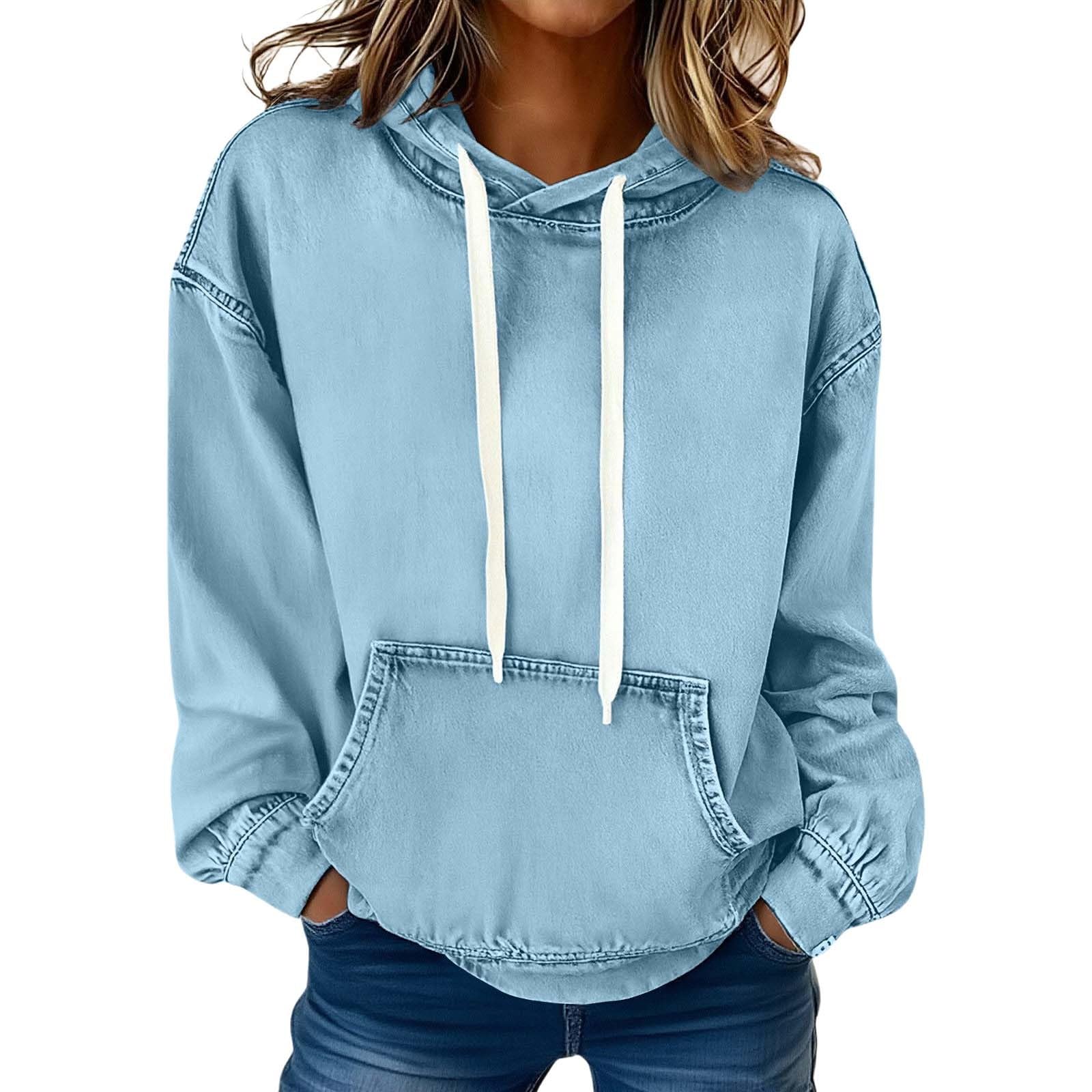 Generisch Sweat à capuche pour femme - Oversize - En jean - Manches longues - Couleur unie - Décontracté - Pour le sport - Streetwear - Mode - Veste à capuche chaude pour l'automne - Pour femme