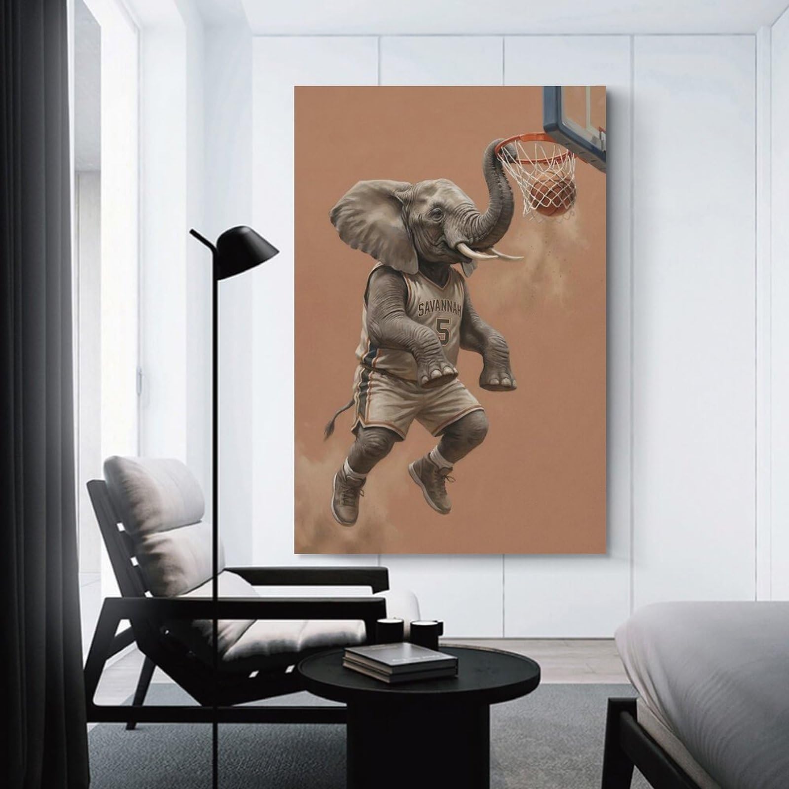 Junmoney Elephant Basketball Player Dunking Hanging Wall Art, 08x12inch(20x30cm), for New Homes, Bedrooms Or Workspaces, Thoughtful Wall Decor for Art Lovers