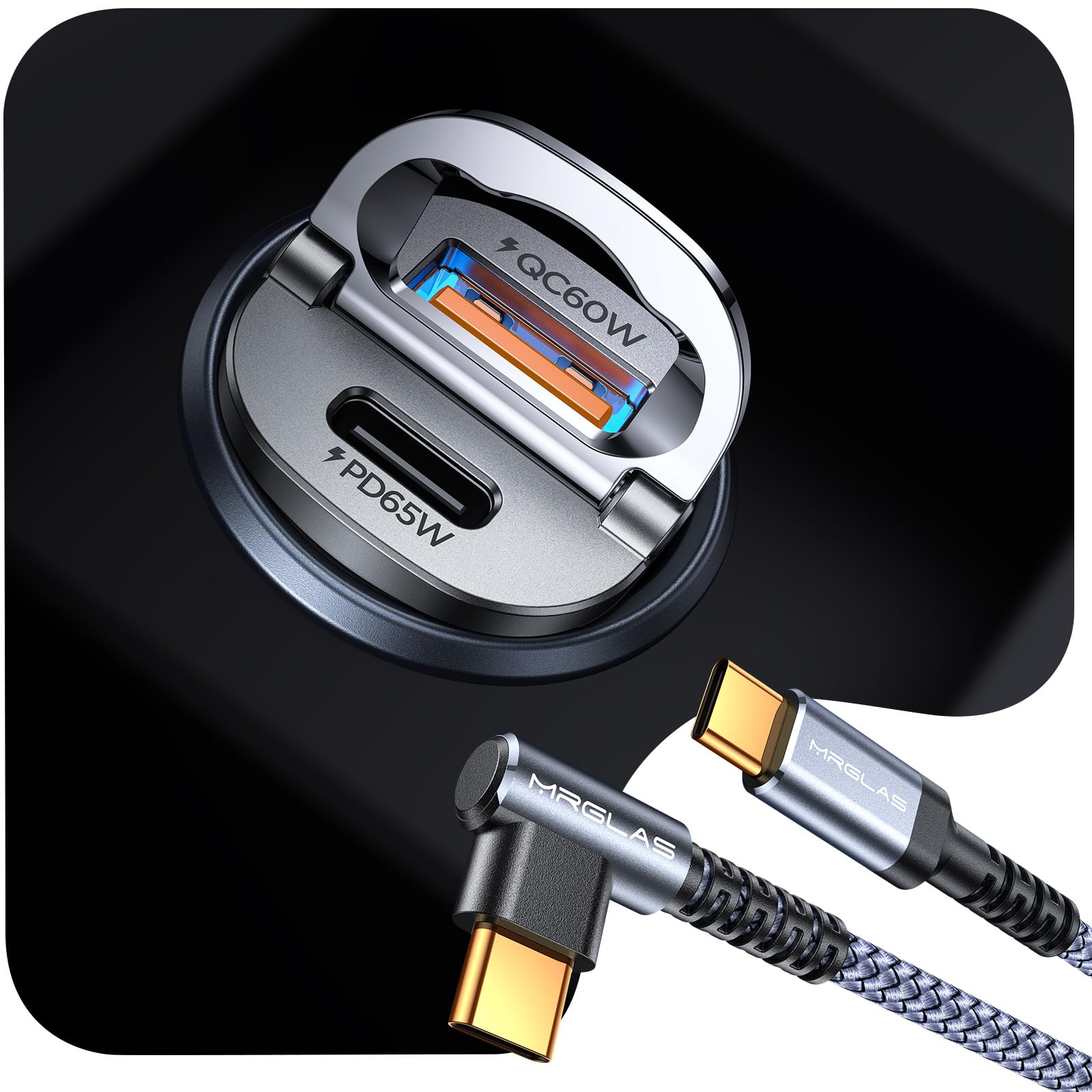 MRGLAS 125W Car Charger USB C Super Fast Charging, [PD65W & QC60W][Extra 3.3ft 60W USB C Cable][All Metal], Cigarette Lighter USB Charger for iPhone 17 16 Pro Max Air 15 Samsung S25 iPad