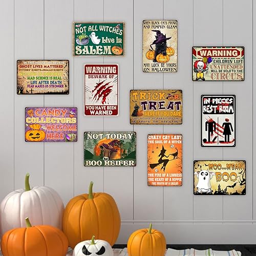 Miniatura 6 de Jsovesv Letrero de metal decorativo con diseño de gato y bruja y calabaza, con texto en inglés May Luck Be Yours On Halloween con gato negro para